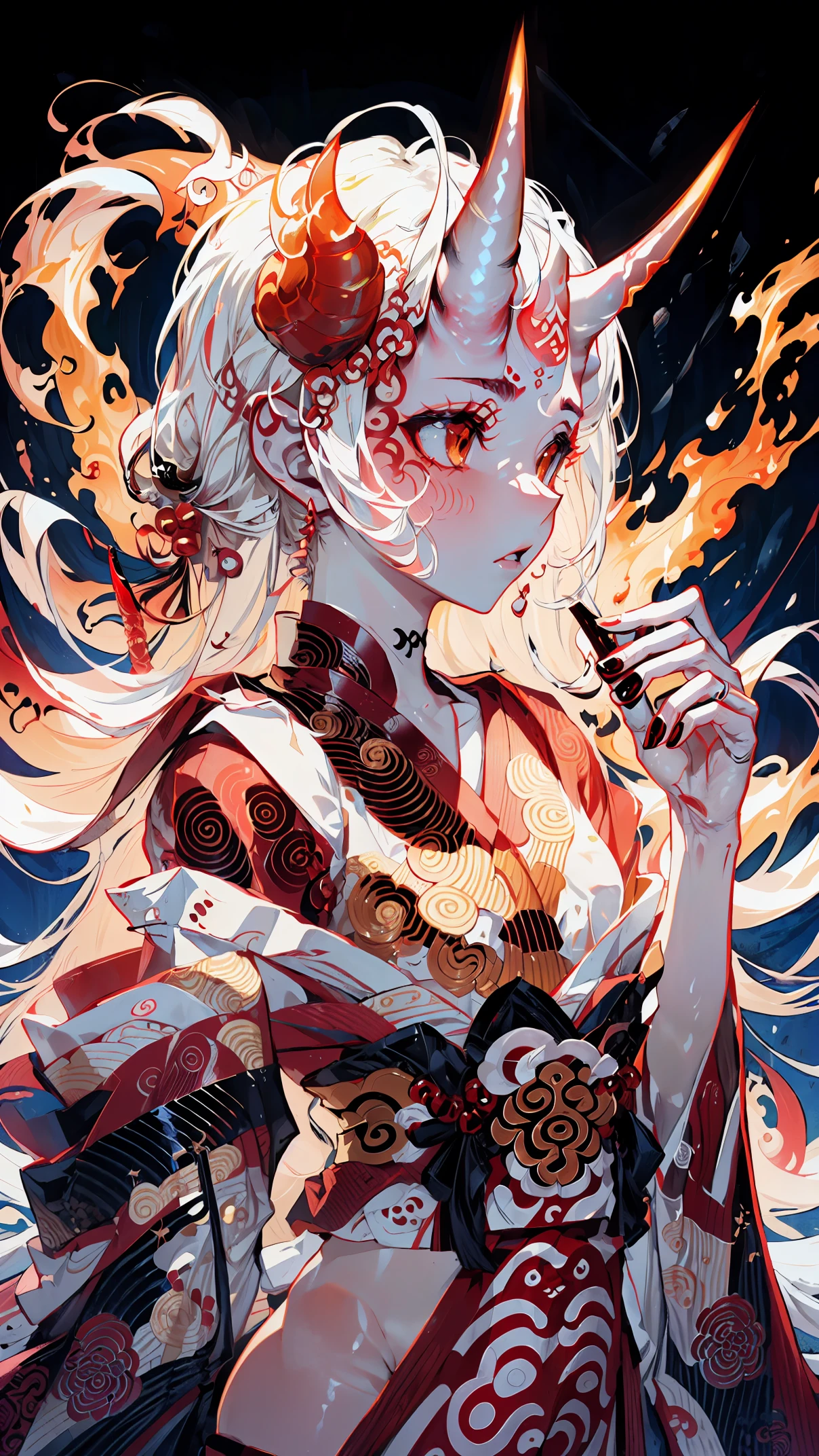 (masterpiece, top quality, best quality, official art, beautiful and aesthetic:1.2), mature body,medium breast,Extreme detailed,Sexy Demon,nipple, 1 girl, ,detailed partly shown breast kimono, (2 small oni horns:1.6), flames around, glowing body, Colorful, Highest detailed, Cold light,  tatoos