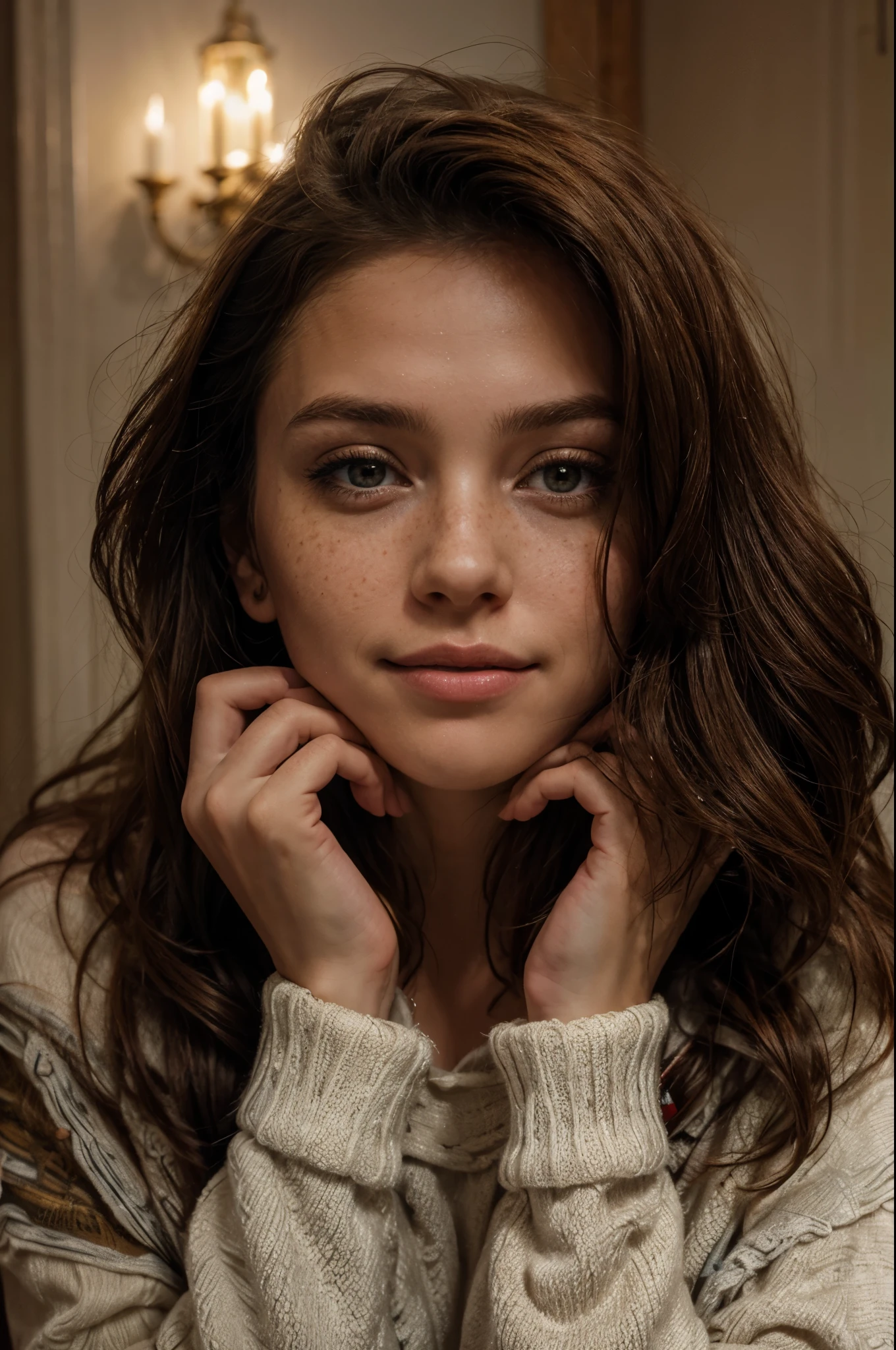 https://.seaart.ai/explore/detail/cm1k3gde878c73ci32n0 hyper realistic, freckles, beautiful brunette smiling, long hair, half body