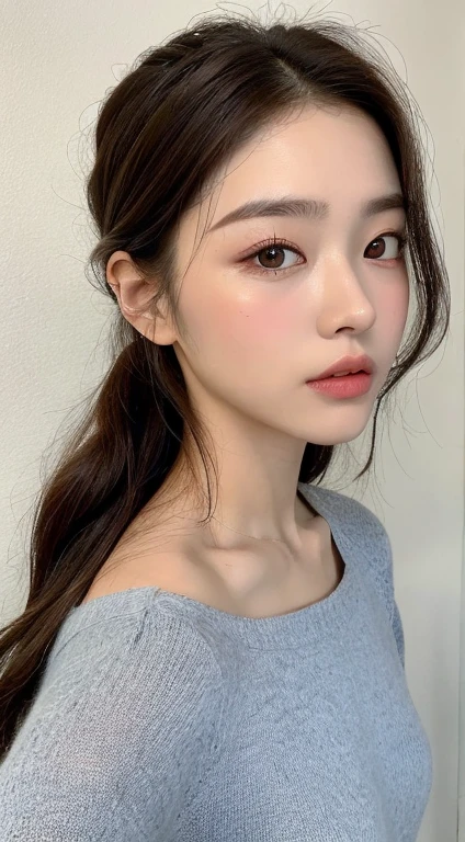 beautiful handsome woman, ((highest quality, 8K, masterpiece:1.lettie women, 1 female, slender body shape:1.1, elastic dark brown hair, highly detailed face, detailed lips, fine eyes, double eyelid、loose bun hair、Braid、korean drama fashion、less revealing clothes、Realistic human-like face、There is a difference in the size of the left and right eyes、