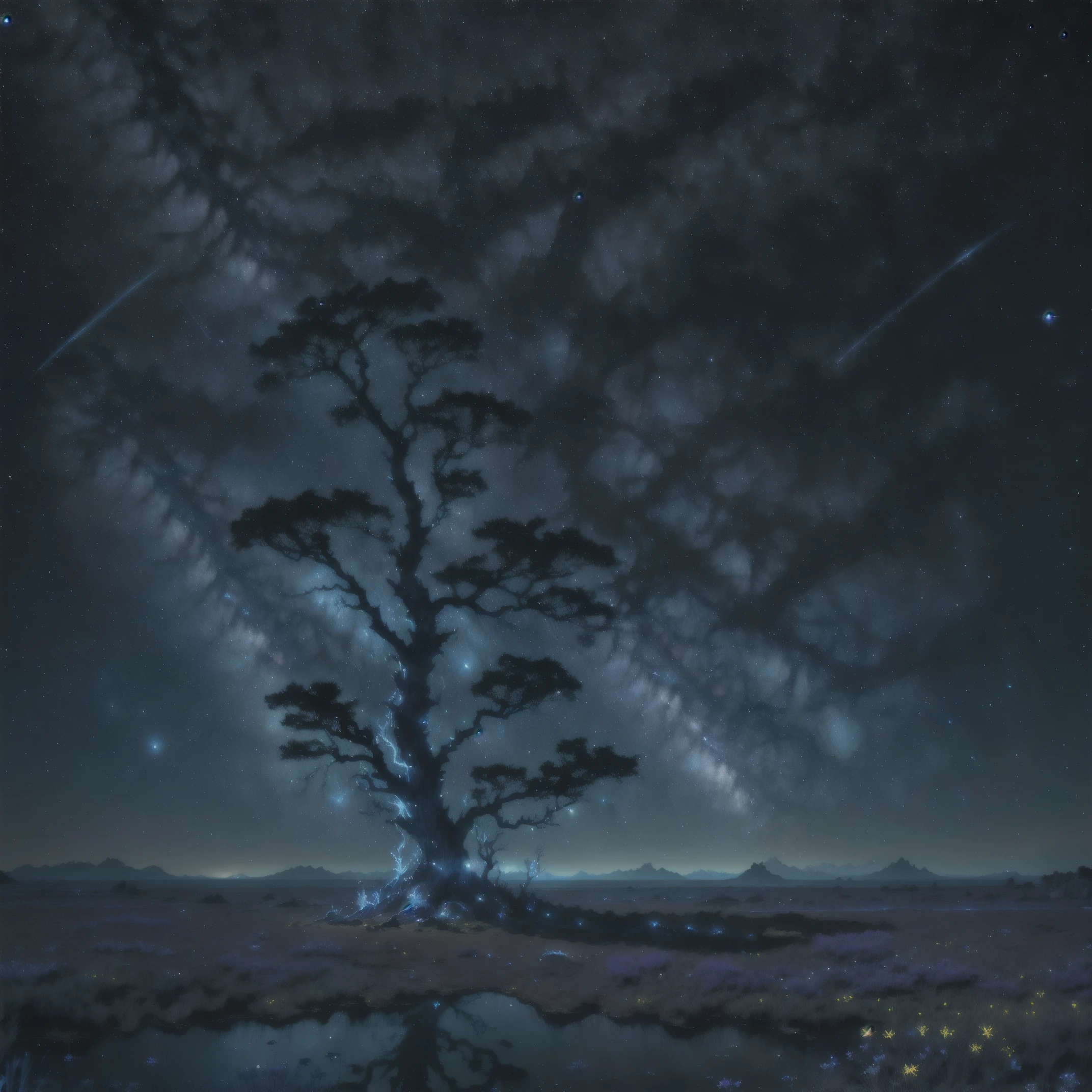 ancient magic tree, Aura azul, Starry sky, PiriLampo, cometa, mundos de fantasia, splendid, magical aura, Estilo avatar, uma noite tranquila.