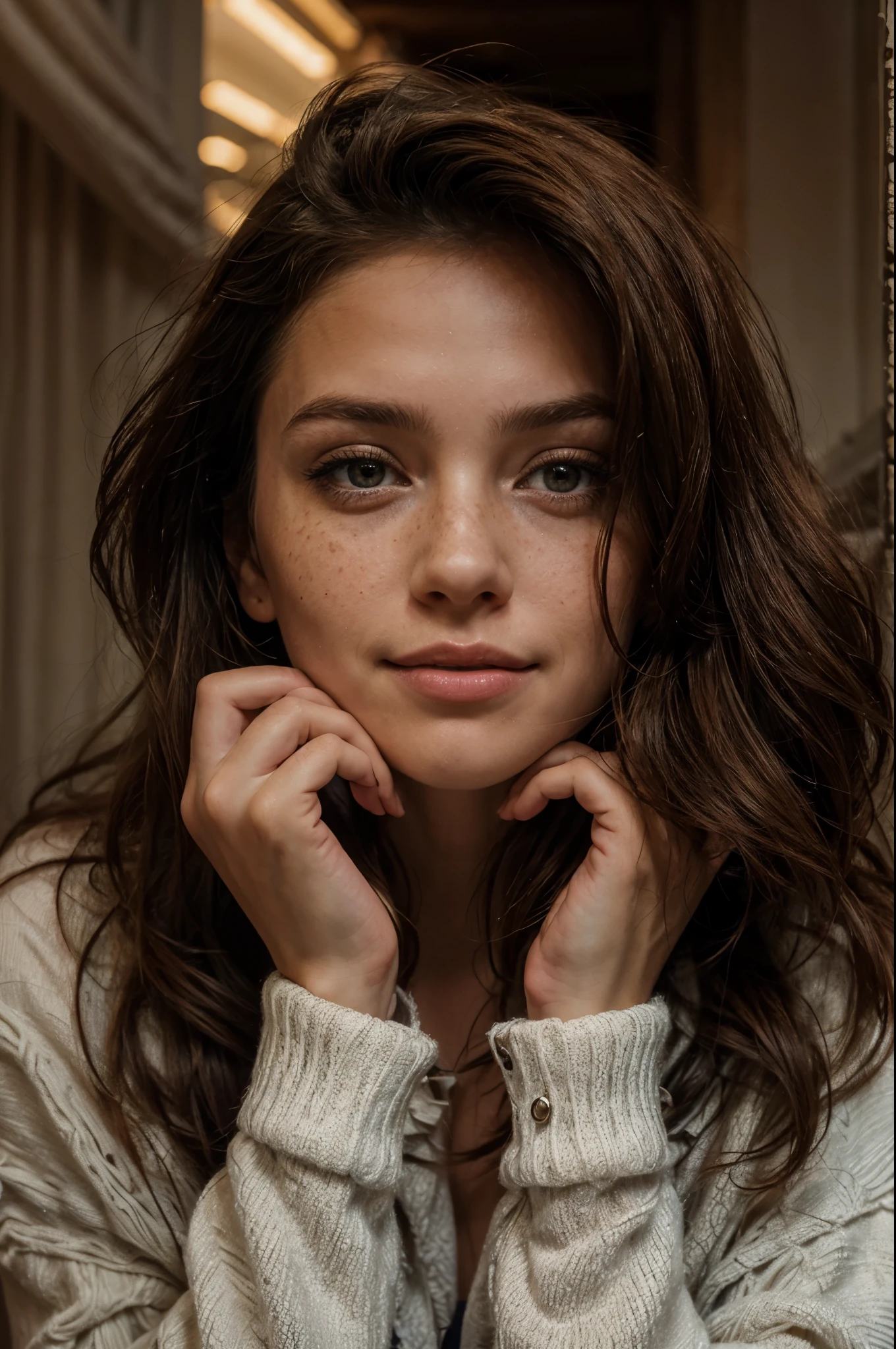 https://.seaart.ai/explore/detail/cm1k3gde878c73ci32n0 hyper realistic, freckles, beautiful brunette smiling, long hair, half body