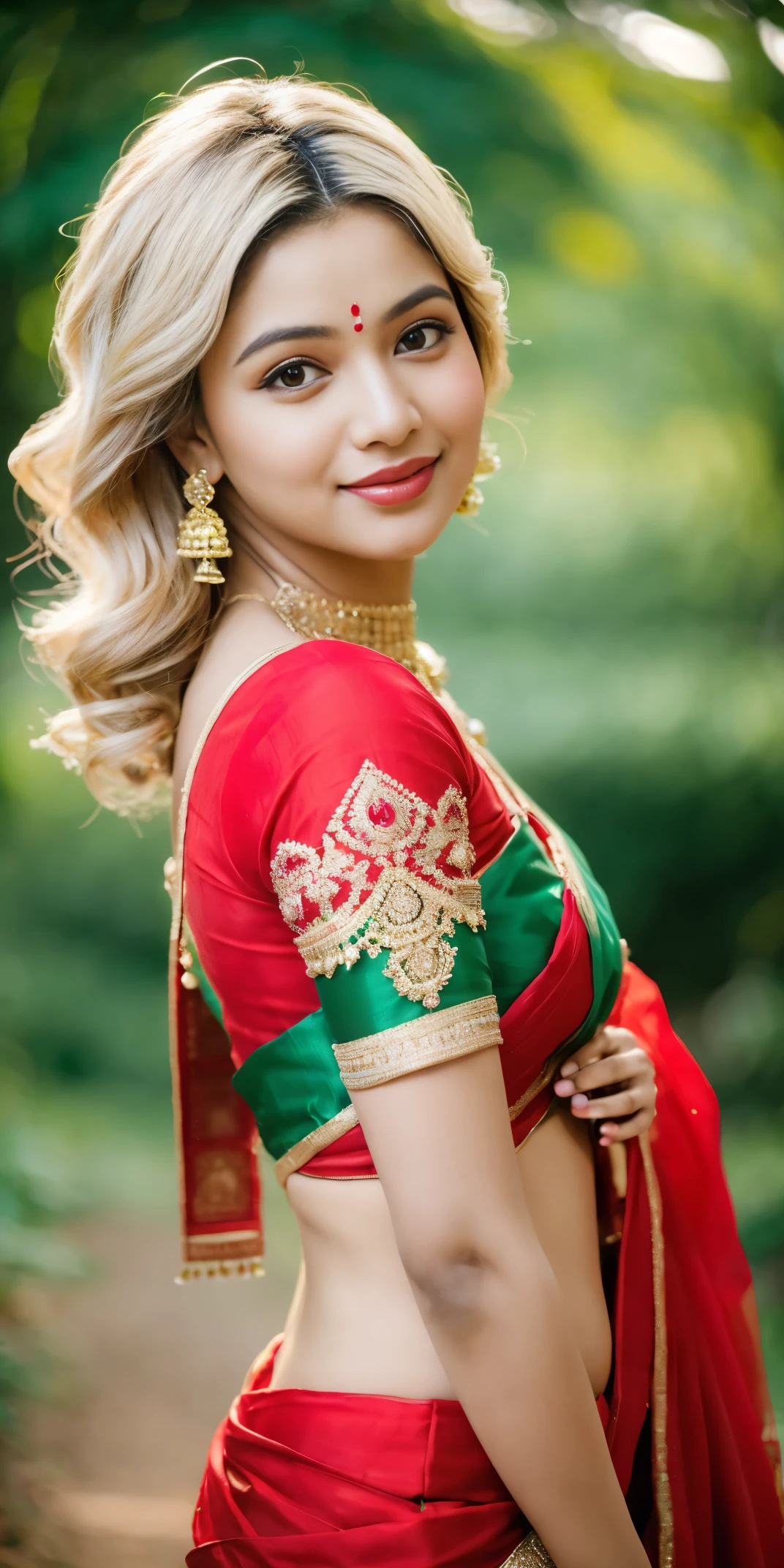 (((desi girl))), chubby face, natural skin, wearing red bridal saree, charming black hair, ((hair ends are blonde)), greenary village background, bokeh