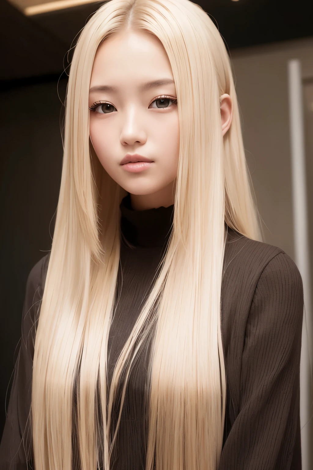 A girl, blonde, Korean, straight hair, long hair, beautiful face, brown eyes, black dress ((masterpiece)), ((best quality)), ((realism)).