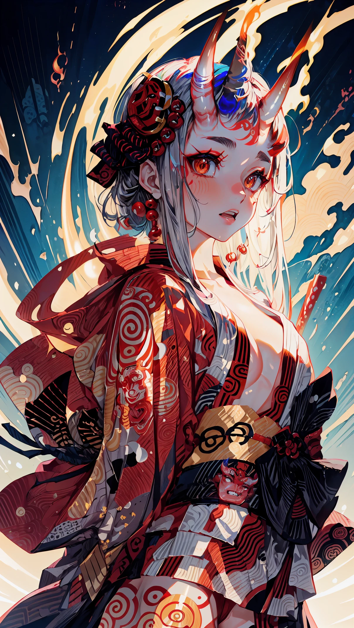 (masterpiece, top quality, best quality, official art, beautiful and aesthetic:1.2), Extreme detailed,Sexy Demon, 1 girl, large breasts,detailed partly shown breast yukata (2 small oni horns:1.6), flames around, glowing body, sexy, , Colorful, Highest detailed, Cold light, tatoos