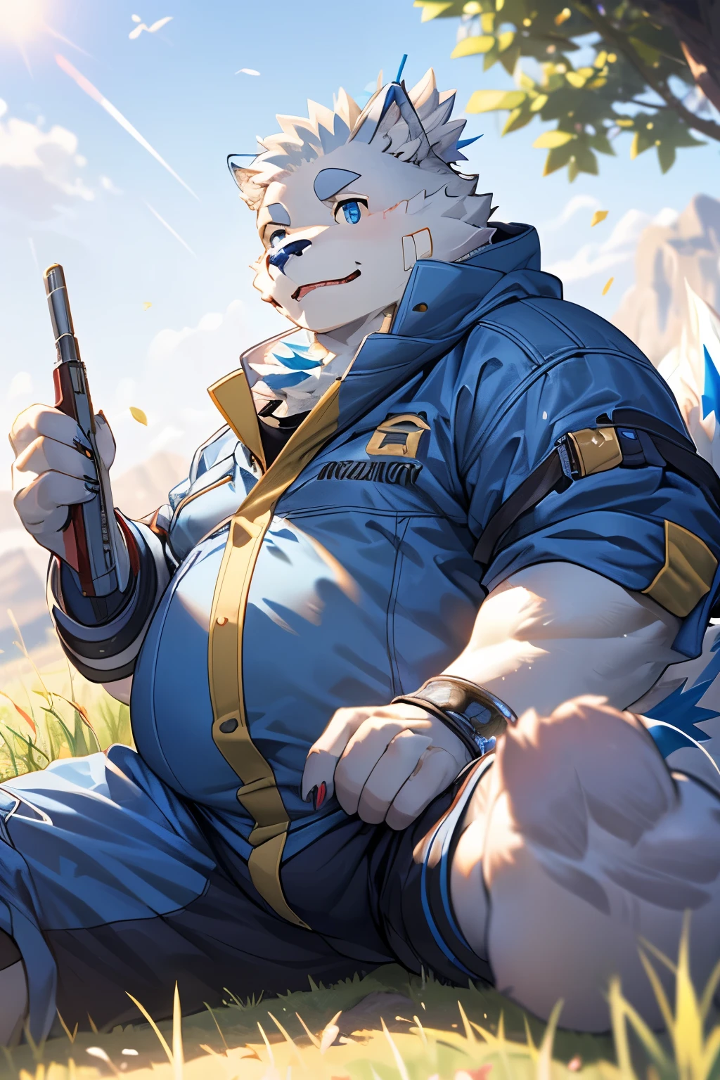 Yohack (live a hero, chubby, canid, sitting, short claws, paws, close angle view, short hair, blue eyes, front view, kinky pose, (jumpsuit-style hero suit:1.0), naked, large penis, exposed belly, white body, blue fur streak, grass field, midday, by hinami (intricate, high detail, film photography, soft focus, RAW candid cinema, photorealism, realistic, photorealistic, analog style, subsurface scattering, masterpiece, best quality, ultra realistic, 2k)