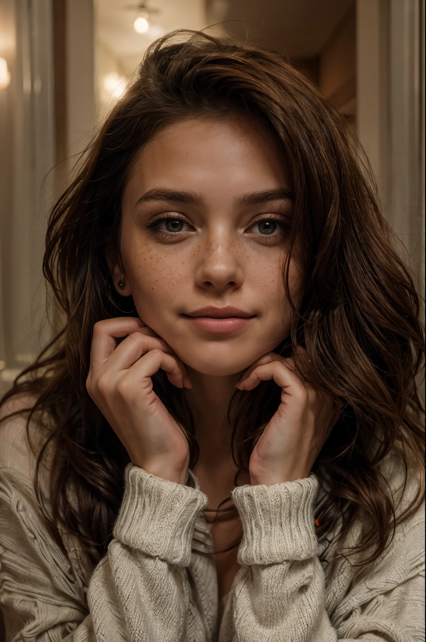 https://.seaart.ai/explore/detail/cm1k3gde878c73ci32n0 hyper realistic, freckles, beautiful brunette smiling, long hair, half body