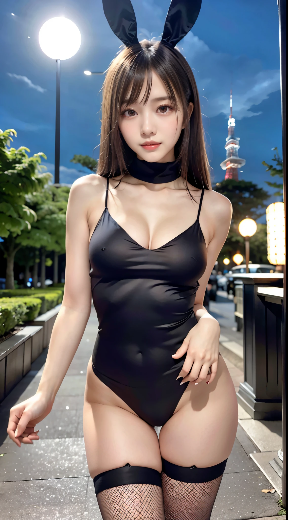 1 beautiful young girl, Super beautiful detailed face, smile shyly, (Slender body:1.2), (black bunny girl:1.3, Thigh-high fishnet stockings:1.3), dark brown hair, long hair, (Fine face:1.2), conceptual art, High quality, Realistic, extremely detailed CG unified 8k wallpaper, highly detailed, High-definition raw color photos, professional photography, Realistic portrait, Cinematic Light, Beautiful detailed, Super Detail, high details, break, (background is the tokyo tower in the park at night:1.3), dynamic pose:1.3