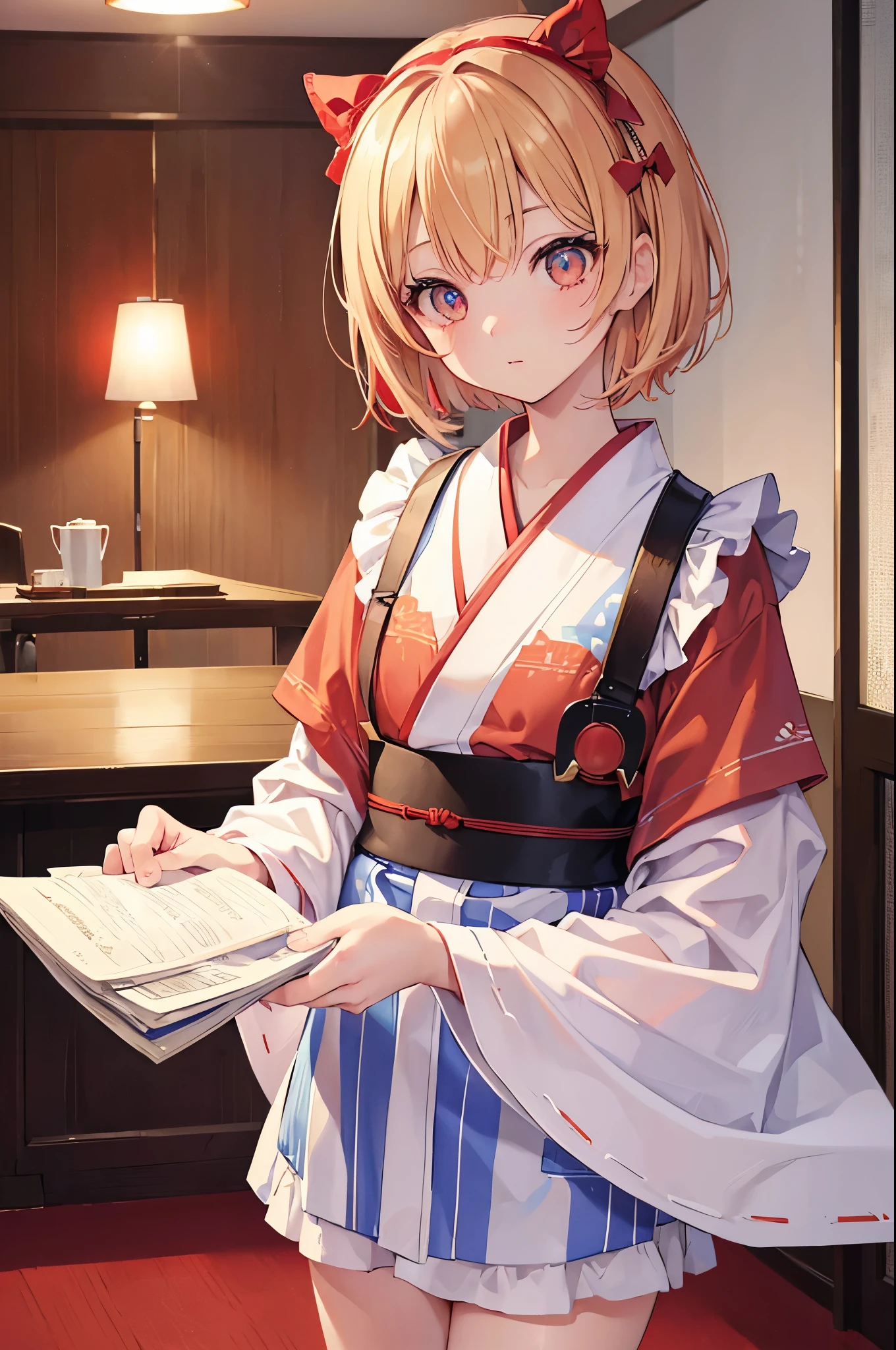 Chisato Nishikiki、Chisato Nishikiki、short hair、bangs、blonde、(red eye:1.5)、hair ribbon、one side up、bob cut、BREAKKimono、kimono、apron、red ribbon、waitress、赤いkimono、BREAKIndoor、Cafe、BREAK Look at the viewer、(cowboy shot: 1.5)、BREAK (master piece: 1.2)、highest quality、High resolution、unity 8k wallpaper、(An illustration: 0.8)、(beautiful detailed eyes: 1.6)、highly detailed face、perfect lighting、Highly detailed CG、(perfect hands、perfect anatomy)、close up of face
