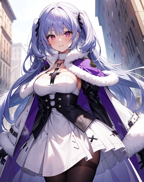 1 girl,alone,big breasts, have for, coat,white_dress,black pantyhose, heterochromia iris, fur capelet, murmanskorigin,light smile, cross necklace,purple eyes,  