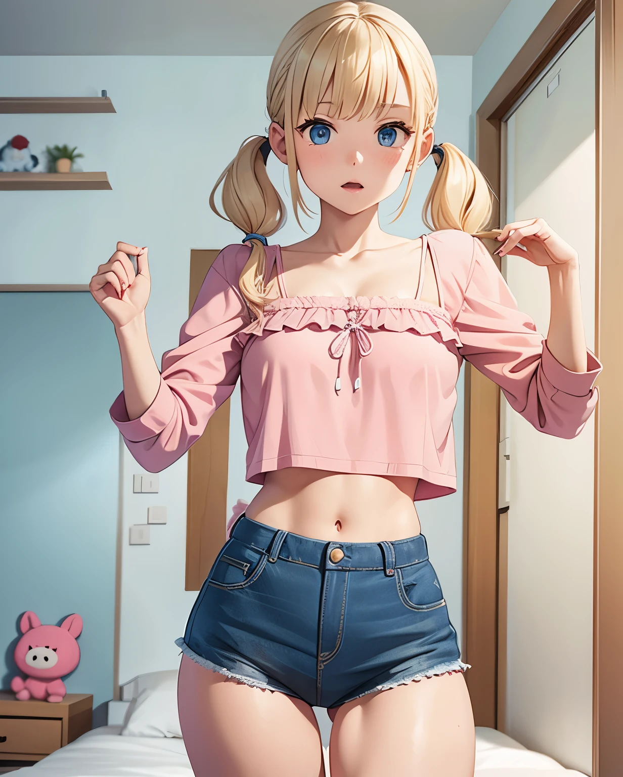 young nordic girl, bangs, pigtails, blonde hair, small body, tiny breasts, straight breasts, flat breasts, man breasts, thin legs, skinny legs, separated thighs, short tight pajamas, cleavage, children's room, cinematic lighting