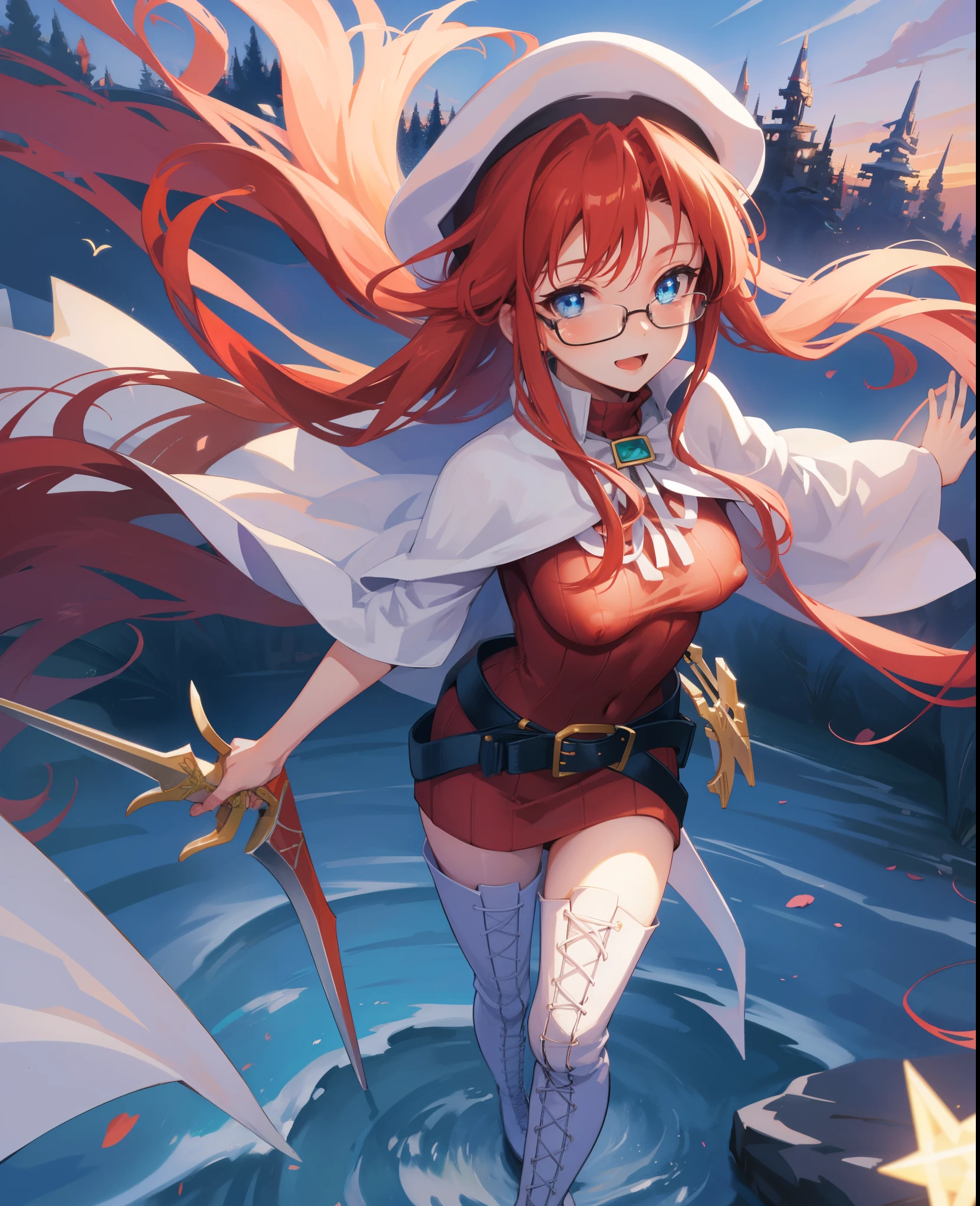 summonnightaty, aty, long hair, blue eyes, red hair, beret, hat, glasses,
BREAK long hair, thighhighs, hat, dress, boots, glasses, belt, cape, sweater, zettai ryouiki, beret, thigh boots, white footwear, ribbed sweater, loose belt,solo,
BREAK outdoors, fantasy_town,
BREAK (masterpiece:1.2), best quality, high resolution, unity 8k wallpaper, (illustration:0.8), (beautiful detailed eyes:1.6), extremely detailed face, perfect lighting, extremely detailed CG, (perfect hands, perfect anatomy),(covered_nipples:1.3),covered_navel,light_smile,dynamic_posing ,walking,(half_eyes:1.2),light_open_mouth,sword,armpit