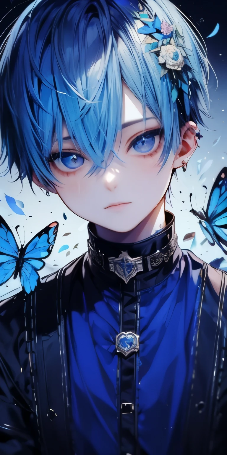 (muste piece), (best quality), very detailed, (1 boy:1.4), solo focus,perfect face, beautiful face, very detailed顔,(Blue-haired shorthair:1.3),(shining blue eyes:1.3),flower,butterfly々,flowerびら,moonlight,laughter