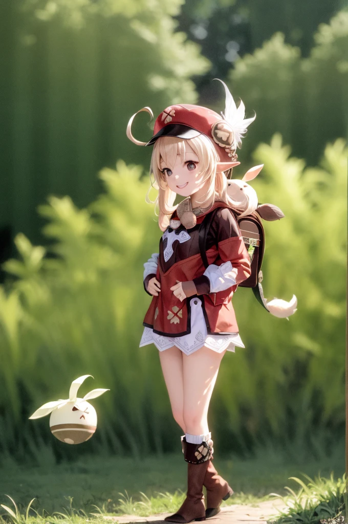 Masterpiece, Best Quality, 1girl, Smile, Red Hat, Pointed Ears, Backpack, Ahoge, naked, Knee Boots, Dodoko\(Genshin Impact\), Jumpy Dumpty, Charm\(Object\), Forest Background, One Pagged