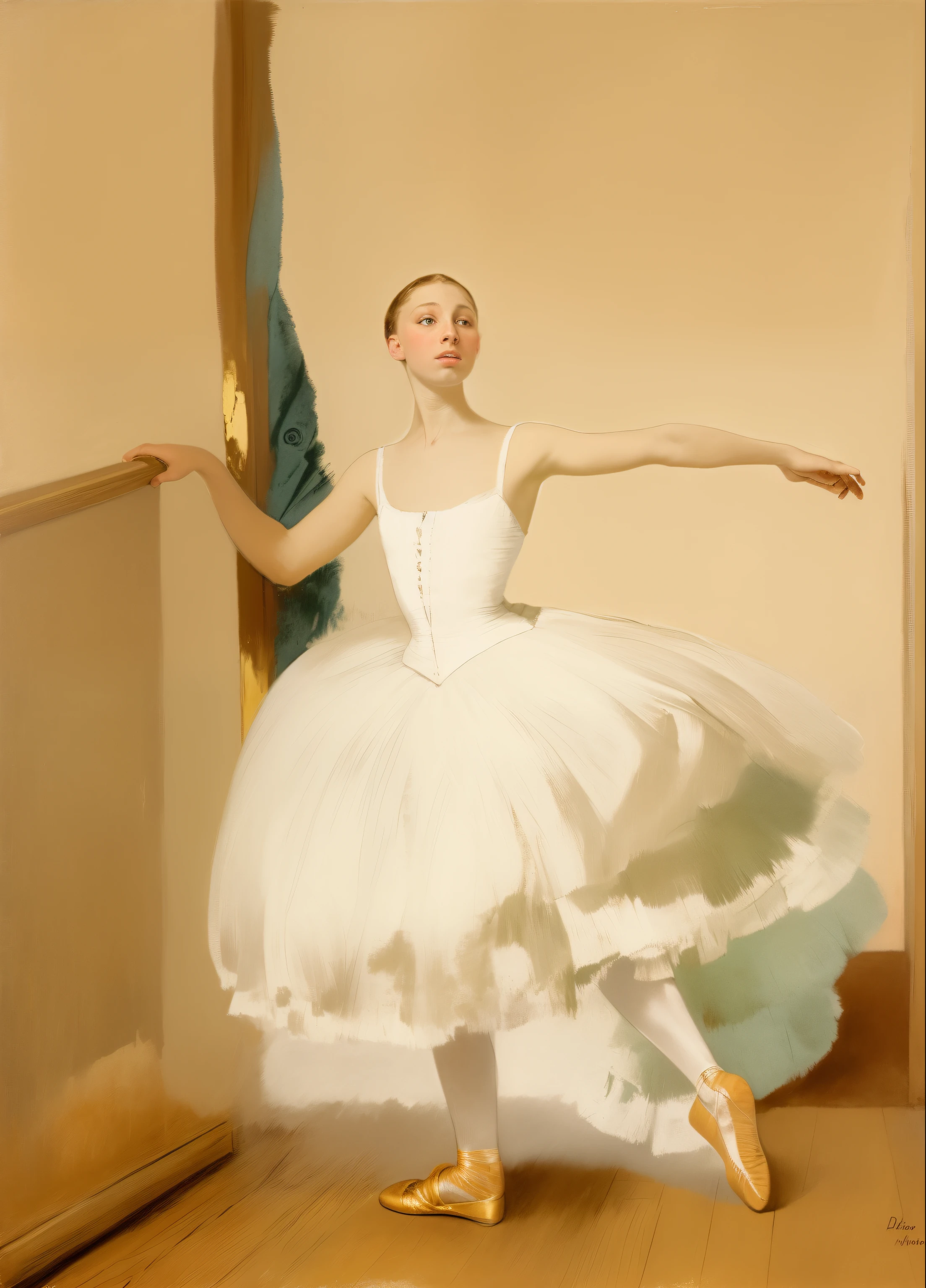 painting of a woman in a white dress standing in front of a door, portrait of a ballerina, degas, prima ballerina, inspired by Edgar Degas, ballet dancer, dancer, ballerina, by Edgar Degas, ballet, pointè pose, inspired by Pascal Dagnan-Bouveret, by Philip Wilson Steer, by Elizabeth Polunin, by Harold Harvey