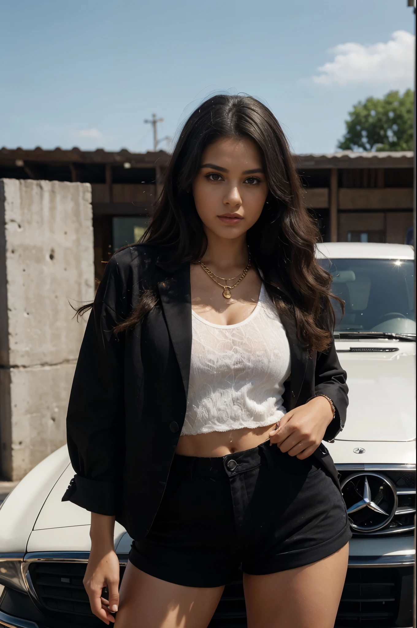 A Latina woman with black curly hair, in white shorts, and a black shirt, standing in front of a car, trending on Pinterest, silky texture, golden chain, Britt marling style 3/4, inspired by Muqi, 7 0 s style, wearing a black blazer, 2 0 2 0 fashion, ad image, dressed like in the 1940s, Mercedes, glam,32K UHD, ultra-realistic, extreme details, UHD