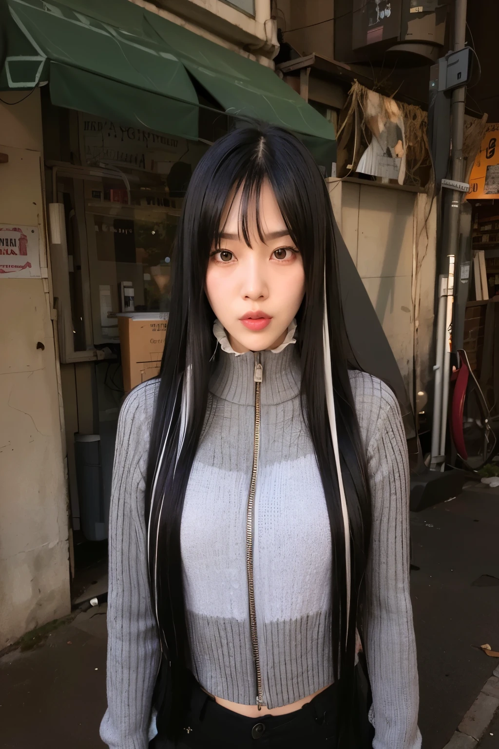 arafed woman with long black hair and a gray sweater, she has black hair with bangs, ulzzang, long hair with full bangs, style of junji ito, with full bangs, long hair with bangs, with bangs, neat hair with bangs, long straight bangs, junji ito 4 k, portrait of jossi of blackpink, the hime cut, joy red velvet