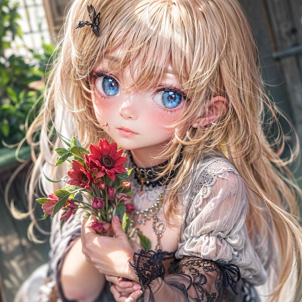 masterpiece, best quality,dutch angle,realistic, super detailed, ultra detailed, extreme detailed, extremely detailed, ultimate detailed, hyper detailed, beautiful eyes, beautiful hair, beautiful face, beautiful skin,full body, slim abs ,shiny skin ,ultra-detailed face, detailed eyes, lustrous lips,nsfw(1girl, solo),18 years old,(small body,small breast)amelia watson,blonde hair, blue eyes, choker, short hair, realistic eyes,wet clothes,translucent,transparent,dripping,negligee,garter belt,socks,embarrassed,standing, BREAK holding flower,pison,Prison,gaol,underground,dark,