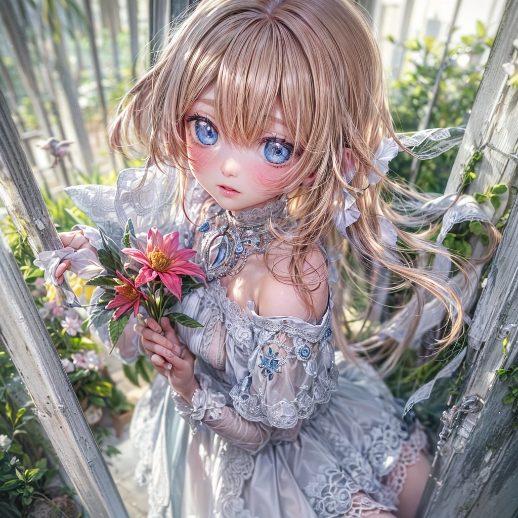 masterpiece, best quality,dutch angle,realistic, super detailed, ultra detailed, extreme detailed, extremely detailed, ultimate detailed, hyper detailed, beautiful eyes, beautiful hair, beautiful face, beautiful skin,full body, slim abs ,shiny skin ,ultra-detailed face, detailed eyes, lustrous lips,nsfw(1girl, solo),18 years old,(small body,small breast)amelia watson,blonde hair, blue eyes, choker, short hair, realistic eyes,wet clothes,translucent,transparent,dripping,negligee,garter belt,socks,embarrassed,standing, BREAK holding flower,pison,Prison,gaol,underground,dark,