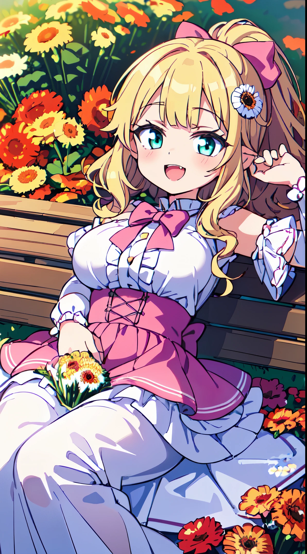 (masterpiece, top quality, best quality, official art, beautiful and aesthetic:1.2),ultra-detailed,intricate details,amazing illustration,award-winning art,atmospheric,
BREAK, 1 beautiful girl, girl, (cute:1.5),(chibi:0.5),(cute:2.0),(loli:2.0),(12 year old girl),(big breasts:1.65),(chin hair,blond hair,blue bow,green eyes,eyebrows showing through hair,side locks,split bangs long hair, hair flowers, hair ornament, big bows in hair, curly hair, ponytail:1.6),:el, white feathers, one slender white winged, Ang el wings, spread wings, shining wings),pit \black},sparkling skin, clear skin, glowing beautiful skin, open mouth, bashful smile, solo, fangs, upper teeth,(long eyelashes, double eyelids:1.2),solo, sparkling skin, clear skin, glowing beautiful skin,(top quality face),(top quality shining eyes),(fun, happy fluttering:1.45)
BREAK (white and pink theme:1.5), (white and pink Classical lolita fashion:1.5),(white and pink Princess dress adorned with a plethora of fresh gerbera (in various vibrant colors:1.2):1.5), (voluminous frills:1.3), (Basque waist:1.3), ((crinoline, long multilayer-voluminous ruffle skirt) adorned with a plethora of fresh gerbera (in various vibrant colors:1.2):1.5), (intricate floral lace embroidery:1.6), (Princess dress and ruffle skirt adorned with a plethora of fresh gerbera (in various vibrant colors:1.2):2.0),(white pink heels adorned with fresh gerbera flowers in various colors:1.2),(holding a bouquet of brightly colored flowers:1.1),
BREAK (background of beautiful detailed Bench under the proof in the park at noon:1.3), (lying on lap:1.9),(knees together feet apart) 1.35),
BREAK,wakame,wakame,wakame,(Cowboy Shot:1.4),
BREAK,(Blurry background:1.3),(absurderes, hight resolution, Super Detail Art),cel shading,Clear Color, Lonely optical effect, Beautiful pictures, Bright glow, mystic atmosphere,(Close-up of girl:1.1), Mystical light particle effect,manga influence, clean line drawings,