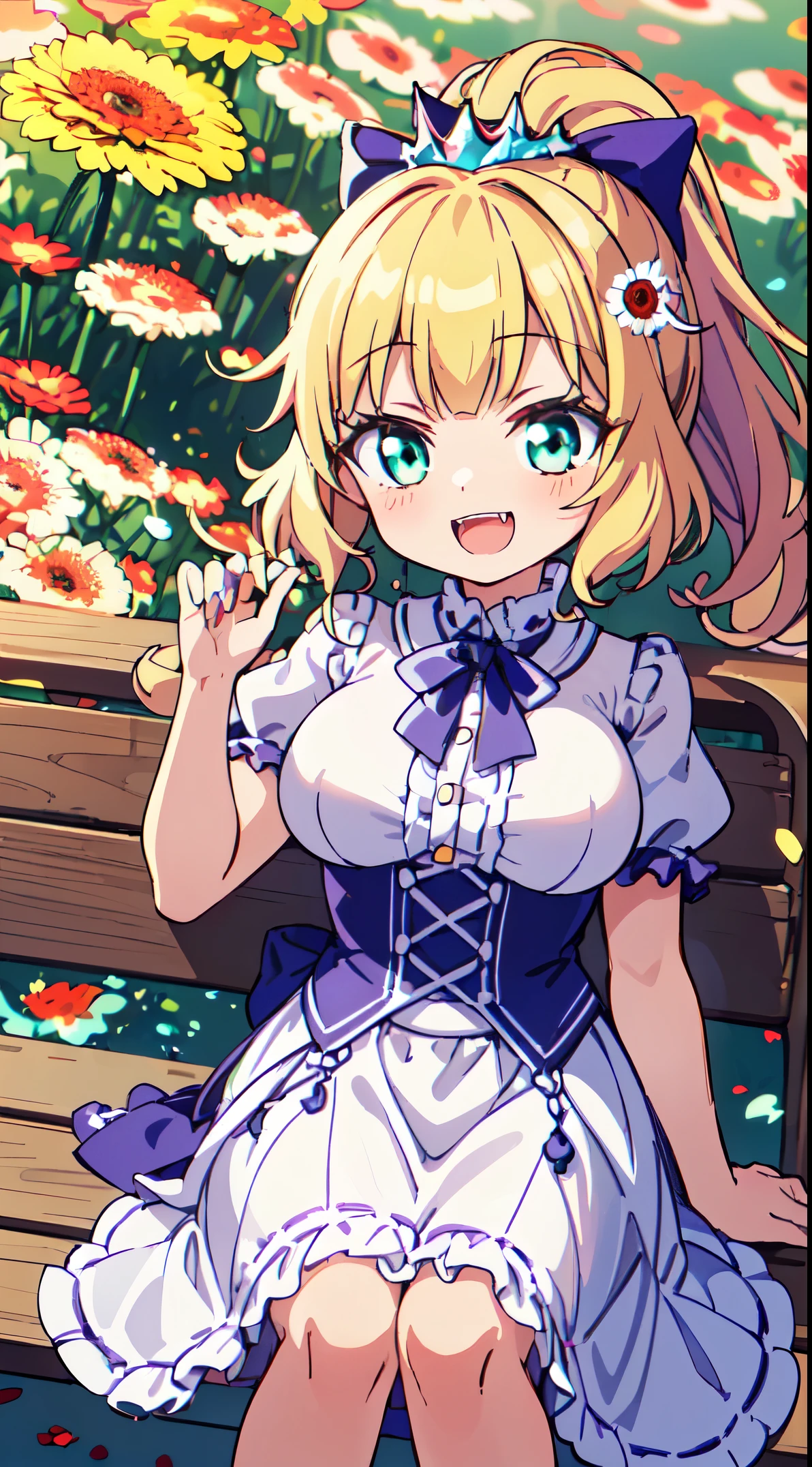 (masterpiece, top quality, best quality, official art, beautiful and aesthetic:1.2),ultra-detailed,intricate details,amazing illustration,award-winning art,atmospheric,
BREAK, 1 beautiful girl, girl, (cute:1.5),(chibi:0.5),(cute:2.0),(loli:2.0),( girl),(big breasts:1.65),(chin hair,blond hair,blue bow,green eyes,eyebrows showing through hair,side locks,split bangs long hair, hair flowers, hair ornament, big bows in hair, curly hair, ponytail:1.6),:el, white feathers, one slender white winged, Ang el wings, spread wings, shining wings),pit \black},sparkling skin, clear skin, glowing beautiful skin, open mouth, bashful smile, solo, fangs, upper teeth,(long eyelashes, double eyelids:1.2),solo, sparkling skin, clear skin, glowing beautiful skin,(top quality face),(top quality shining eyes),(fun, happy fluttering:1.45)
BREAK (white and pink theme:1.5), (white and pink Classical lolita fashion:1.5),(white and pink Princess dress adorned with a plethora of fresh gerbera (in various vibrant colors:1.2):1.5), (voluminous frills:1.3), (Basque waist:1.3), ((crinoline, long multilayer-voluminous ruffle skirt) adorned with a plethora of fresh gerbera (in various vibrant colors:1.2):1.5), (intricate floral lace embroidery:1.6), (Princess dress and ruffle skirt adorned with a plethora of fresh gerbera (in various vibrant colors:1.2):2.0),(white pink heels adorned with fresh gerbera flowers in various colors:1.2),(holding a bouquet of brightly colored flowers:1.1),
BREAK (background of beautiful detailed Bench under the proof in the park at noon:1.3), (lying on lap:1.9),(knees together feet apart) 1.35),
BREAK,wakame,wakame,wakame,(Cowboy Shot:1.4),
BREAK,(Blurry background:1.3),(absurderes, hight resolution, Super Detail Art),cel shading,Clear Color, Lonely optical effect, Beautiful pictures, Bright glow, mystic atmosphere,(Close-up of girl:1.1), Mystical light particle effect,manga influence, clean line drawings,