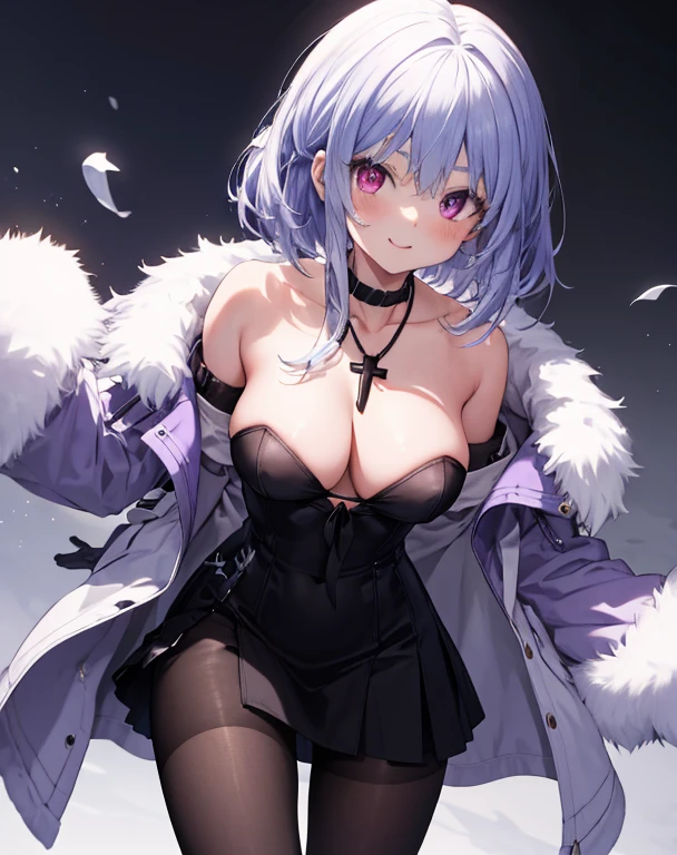 1 girl,alone,big breasts, have for, coat,white_dress,black pantyhose, heterochromia iris, fur capelet, murmanskorigin,light smile, cross necklace,purple eyes,