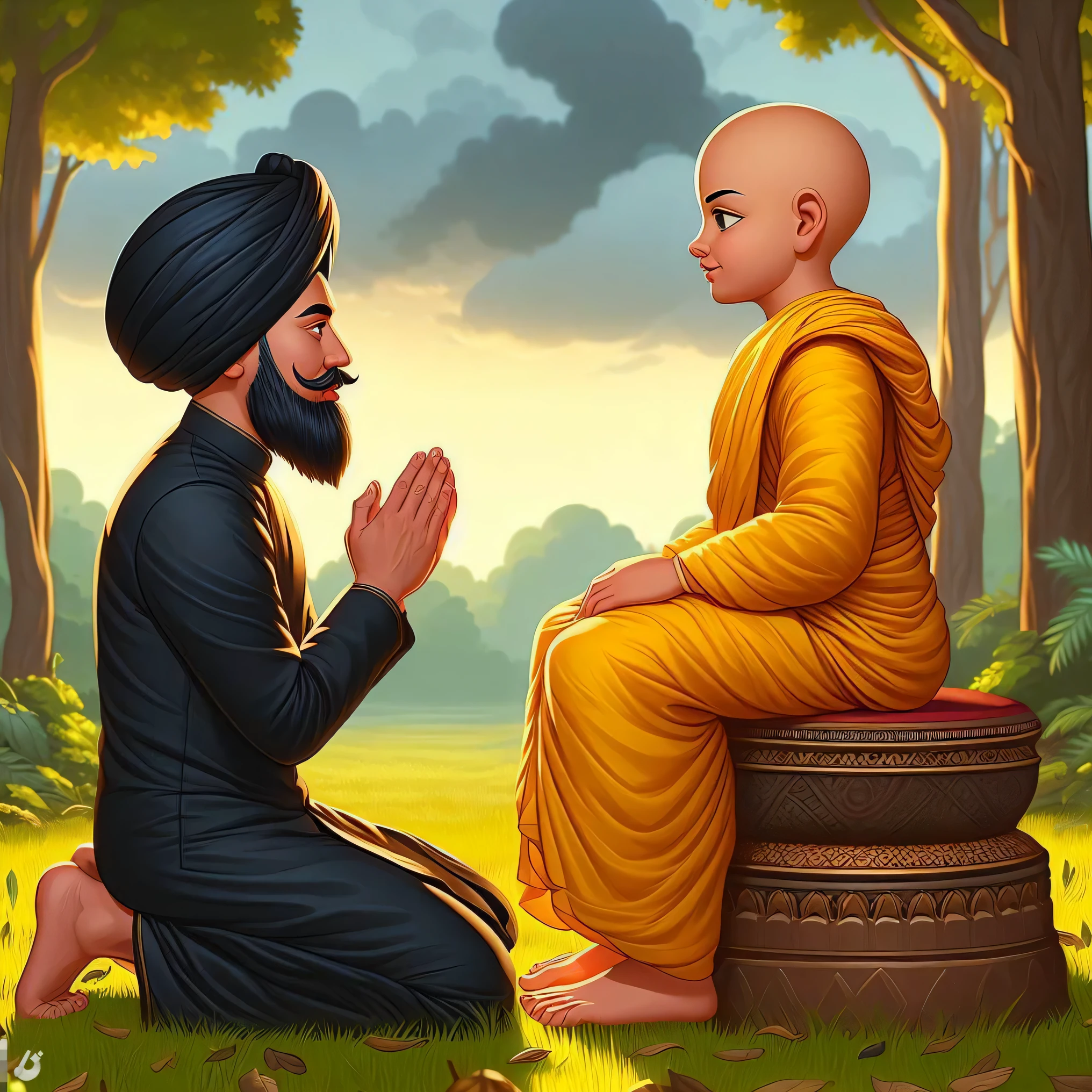 there  a man kneeling down next to a man in a yellow robe, by Manjit Bawa, indian master, beautiful depiction, inspired by Manjit Bawa, holy man looking at ground, hindu stages of meditation, by Daryush Shokof, turban, buddhism, inspired by Bapu, praise the omnissaiah, by John La Gatta