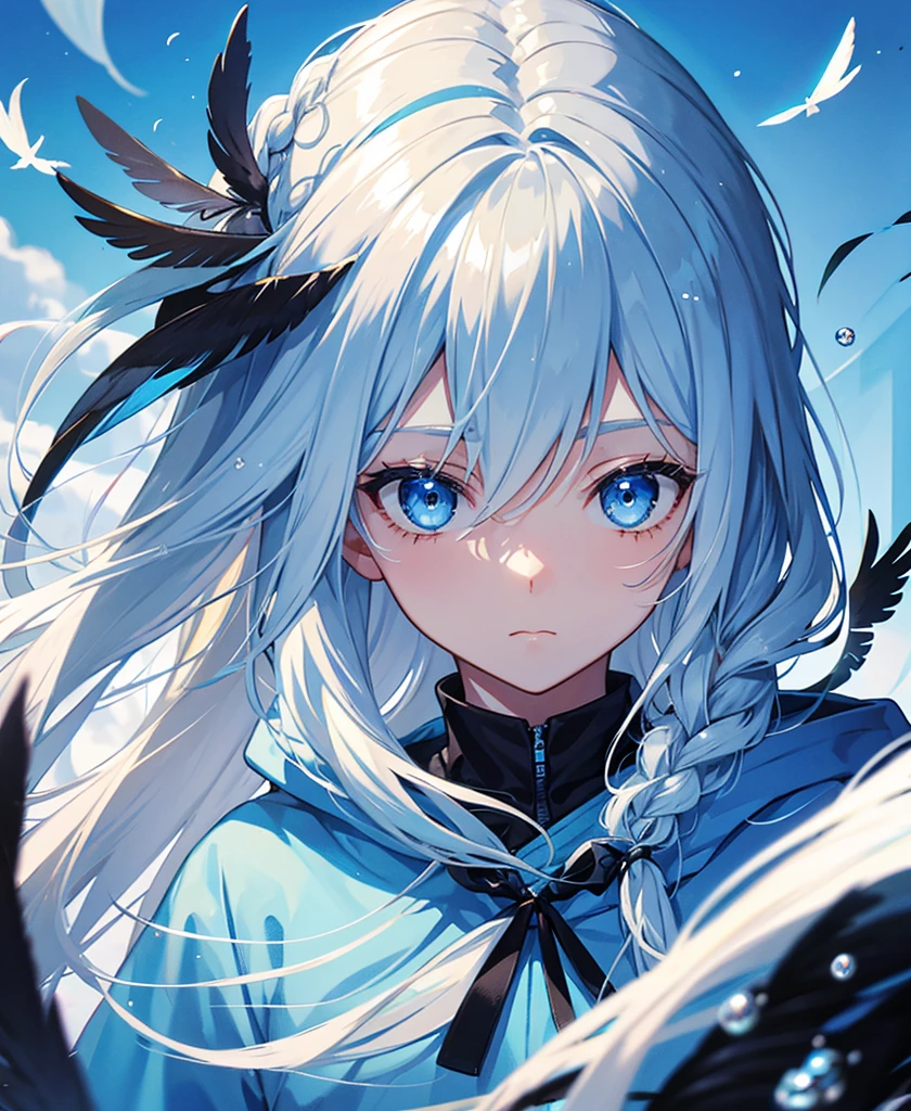 blonde hair with light blue tips,Braid,eyes are blue,black hoodie,straight face,Black feathers,Blue sky,Water droplets,white bird,bluebird,Crow