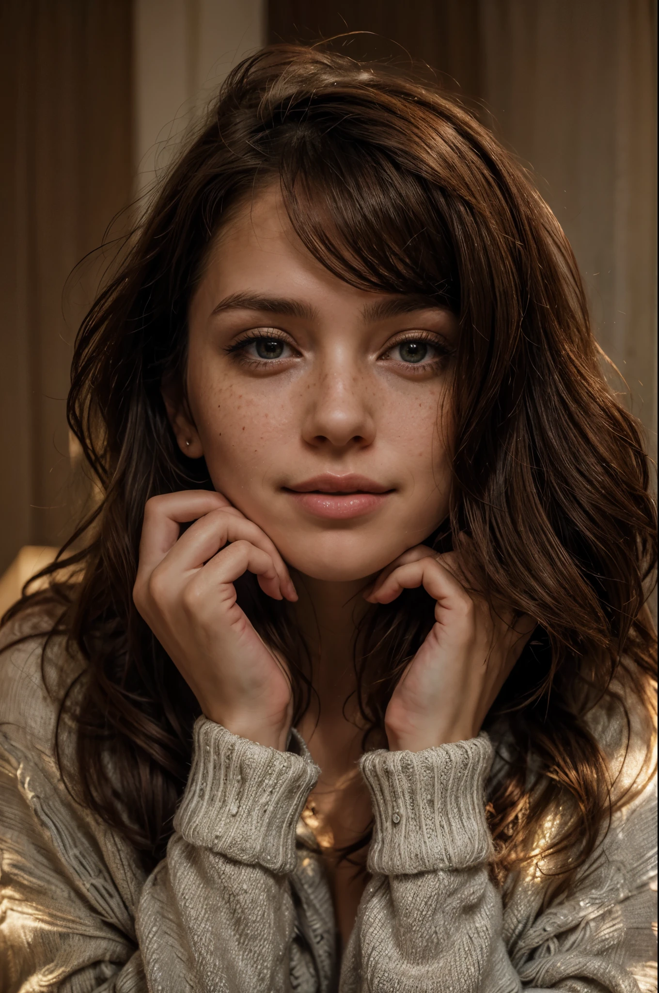 https://.seaart.ai/explore/detail/cm1k3gde878c73ci32n0 hyper realistic, freckles, beautiful brunette smiling, long hair, half body