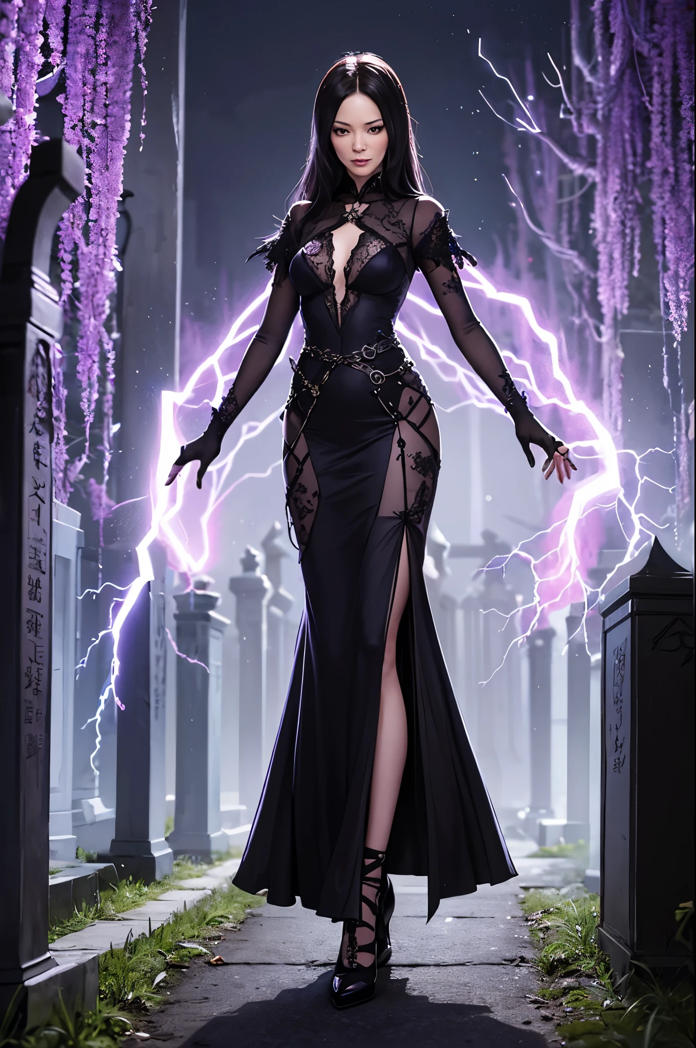 lucy liu (aged 20) is a necromancer channeling dark magic, dressed in black and purple dress in a feudal asian cemetery at night. she is hateful, dark energy arcs rom her like lightning, the dead rise from the ground at her command, show all of her, full body shot