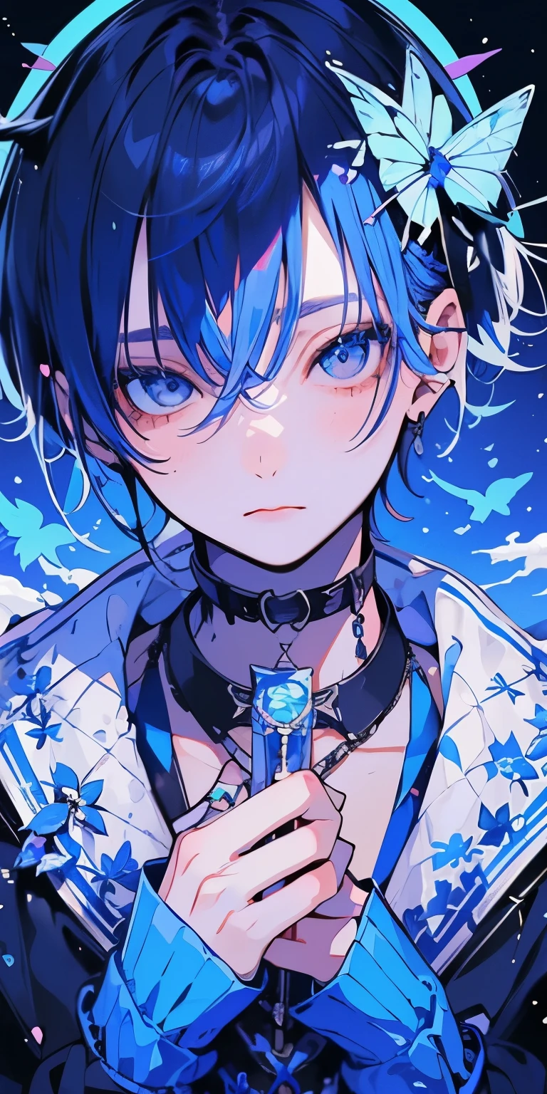 (muste piece), (best quality), very detailed, (1 boy:1.4), solo focus,perfect face, beautiful face, very detailed顔,(Blue-haired shorthair:1.3),(shining blue eyes:1.3),flower,butterfly々,flowerびら,moonlight,laughter