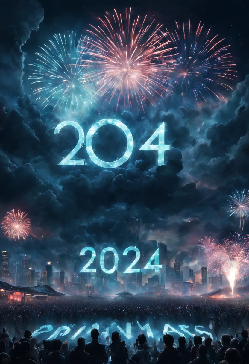 text:"2024" hyperdetailed shot of an imaginary fantasy shining text 2024 written in the clouds! new years eve party crowd! countdown! clock! Fireworks! luminescence, glowing particles, luminosity, 16k clean resolution, dramatic triadic lighting, Epic cinematic brilliant stunning intricate meticulously detailed dramatic_atmospheric_hypermaximalist by Ross_Tran, Loish, Hokusai, Andreas_Lie, Android_Jones