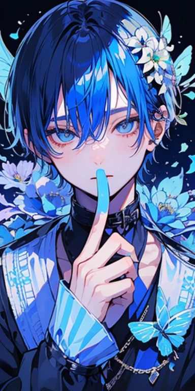 (muste piece), (best quality), very detailed, (1 boy:1.4), solo focus，perfect face, beautiful face, very detailed顔，(Blue-haired shorthair:1.3)，(shining blue eyes:1.3)，flower，butterfly々，flowerびら，moonlight，laughter