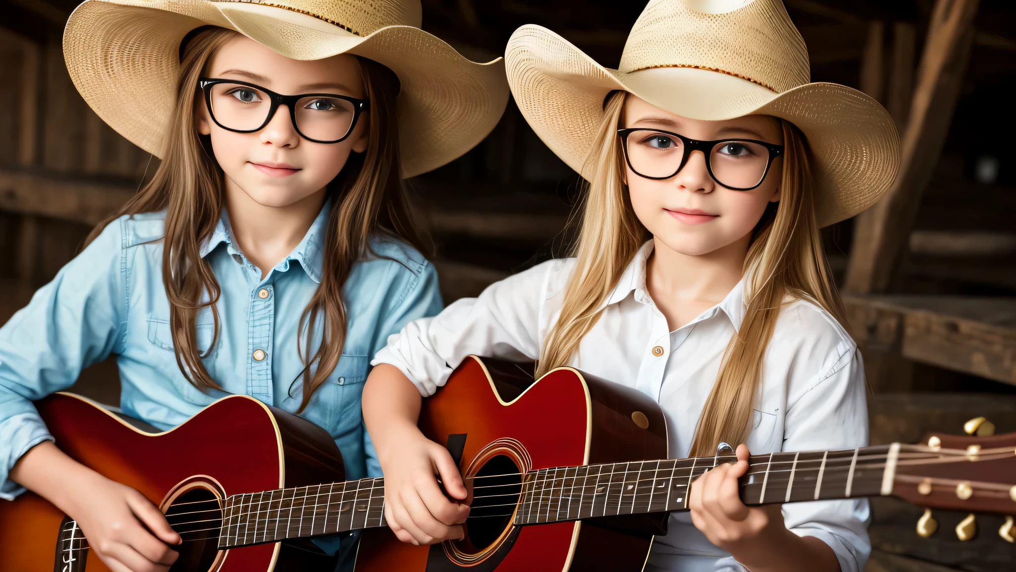 10 year old Russian child girl, close up, PORTRAIT, with long blonde hair, in a cowboy hat playing a guitar in a barn, wearing cowboy hat, photo shoot, wearing a cowboy hat, promotional photo, and a cowboy hat, cowboy hat and glasses, pr shoot, photo of a promotional session,  TV still, photo - shooting, cowboy shot, shaded, country