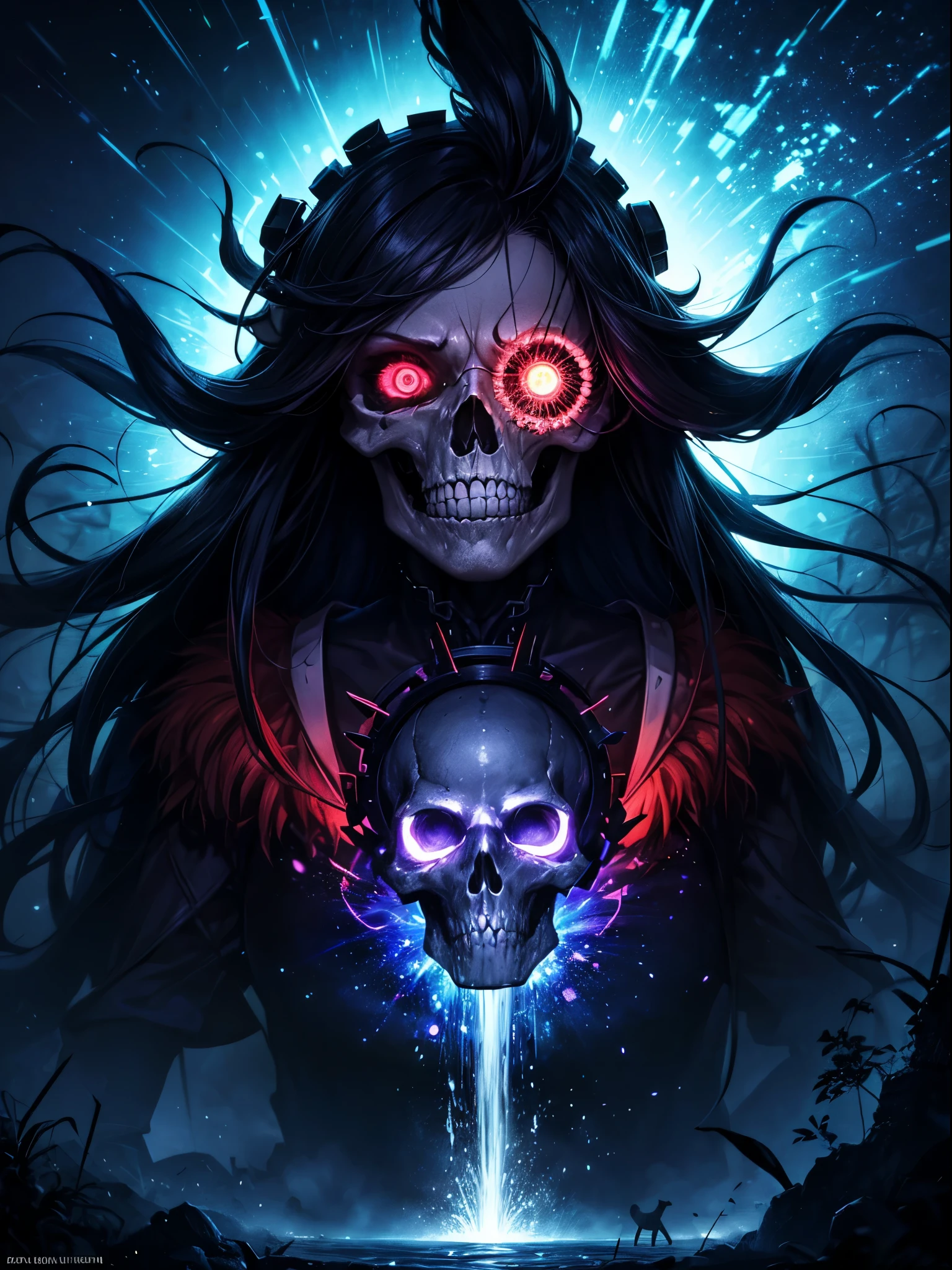 (Best picture quality, 4K, 8K, High resolution, Masterpiece: 1.2), ultra detailed, realistic: 1.37, a close-up of the head of a metal skull, an altar composed of abstract twisted roots pulling a very large (mysterious skull made of metal), glowing eyes, a spooky waterfall above the skull, (rainbow, rainbow around the skull), full of energy, circular composition illustrates the effects of various structural forces, alone, (steampunk decorative elements, gear, and other elements). Pointers, chainantastic decorative combinations,