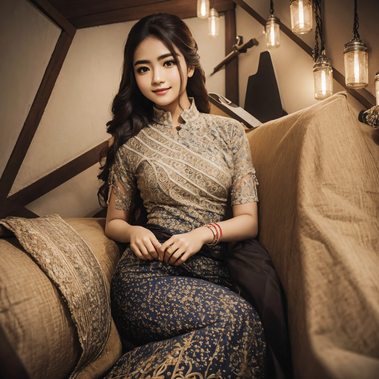Whole body portrait of Gorgeous girl standing in the modern cozy room, smiled, long wavy hair, dark eyebrows, ultra detailed, intricate details, vivid colours, exquisite masterpiece, UHD award winning photography, captured using DSLR camera