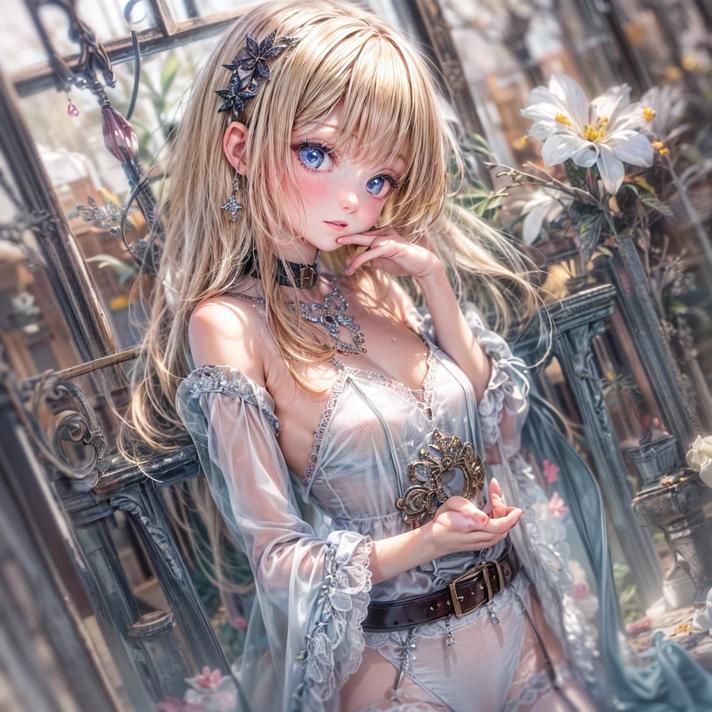 masterpiece, best quality,dutch angle,realistic, super detailed, ultra detailed, extreme detailed, extremely detailed, ultimate detailed, hyper detailed, beautiful eyes, beautiful hair, beautiful face, beautiful skin,full body, slim abs ,shiny skin ,ultra-detailed face, detailed eyes, lustrous lips,nsfw(1girl, solo),18 years old,pubric hair(small body,small breast)amelia watson,blonde hair, blue eyes, choker, short hair, realistic eyes,wet clothes,translucent,transparent,dripping,negligee,garter belt,socks,embarrassed,standing, BREAK holding flower,pison,Prison,gaol,underground,dark,