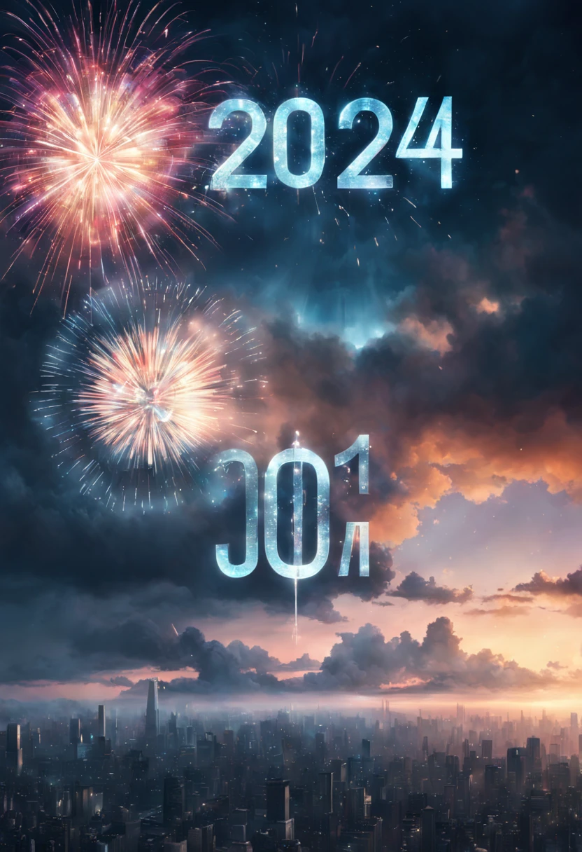 text:"2024" hyperdetailed shot of an imaginary fantasy shining text 2024 written in the clouds! new years eve party crowd! countdown! clock! Fireworks! luminescence, glowing particles, luminosity, 16k clean resolution, dramatic triadic lighting, Epic cinematic brilliant stunning intricate meticulously detailed dramatic_atmospheric_hypermaximalist by Ross_Tran, Loish, Hokusai, Andreas_Lie, Android_Jones