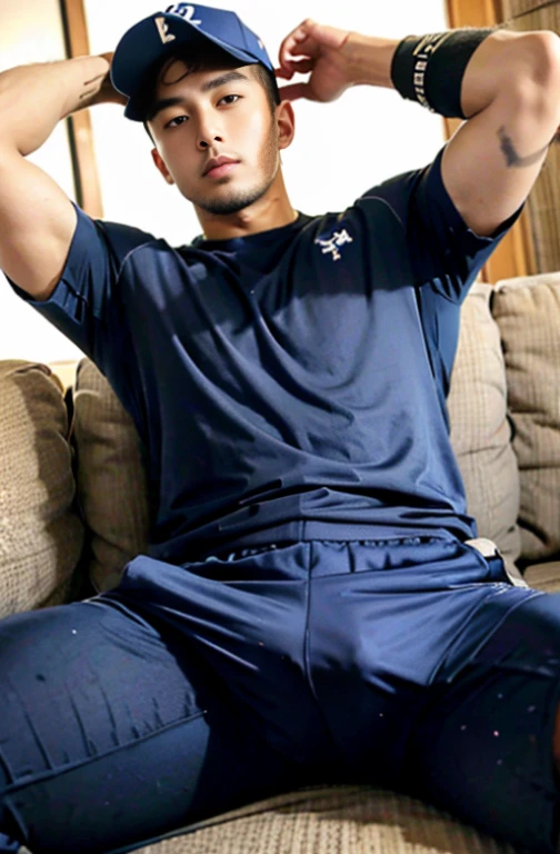 1 handsome Japanese guy,27 years old,一个穿着blue衬衫和短裤的男人, navy blue, navy blue, Sports T-shirt, blue, Sportswear, 富丽堂皇的深blue衣服, Sportswear, short sleeves, 金锦深blue衣服, short young man, Tennis wear, Wearing a track suit, 深blue装饰服装,Masculine,handsome,High,Muscles look good,hairy body,Wheat complexion,black eyes(thin eyes 1:3),Full body image
