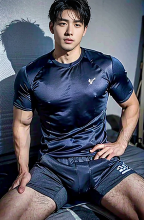 1 handsome Japanese guy,27 years old,一个穿着blue衬衫和短裤的男人, navy blue, navy blue, Sports T-shirt, blue, Sportswear, 富丽堂皇的深blue衣服, Sportswear, short sleeves, 金锦深blue衣服, short young man, Tennis wear, Wearing a track suit, 深blue装饰服装,Masculine,handsome,High,Muscles look good,hairy body,Wheat complexion,black eyes(thin eyes 1:3),Full body image