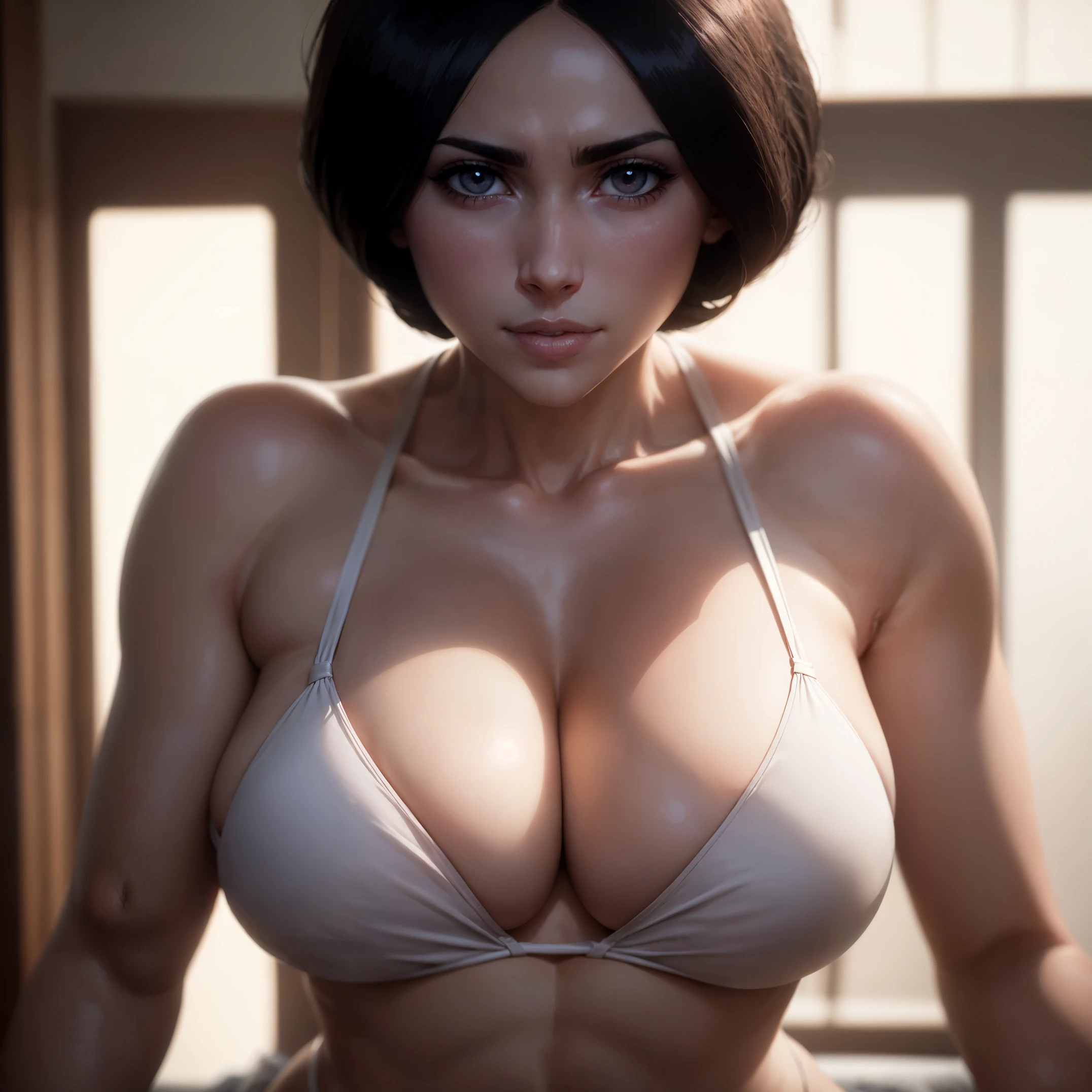 (masterpiece), best quality, expressive eyes, perfect face, Unohana from bleach in sexy bikini 30 year old women seductive body big breasts big thigs facing towards screen parted lips feminine figure body in bikini, Lockhart beautiful expressive eyes , 4k backlighting smirky face full