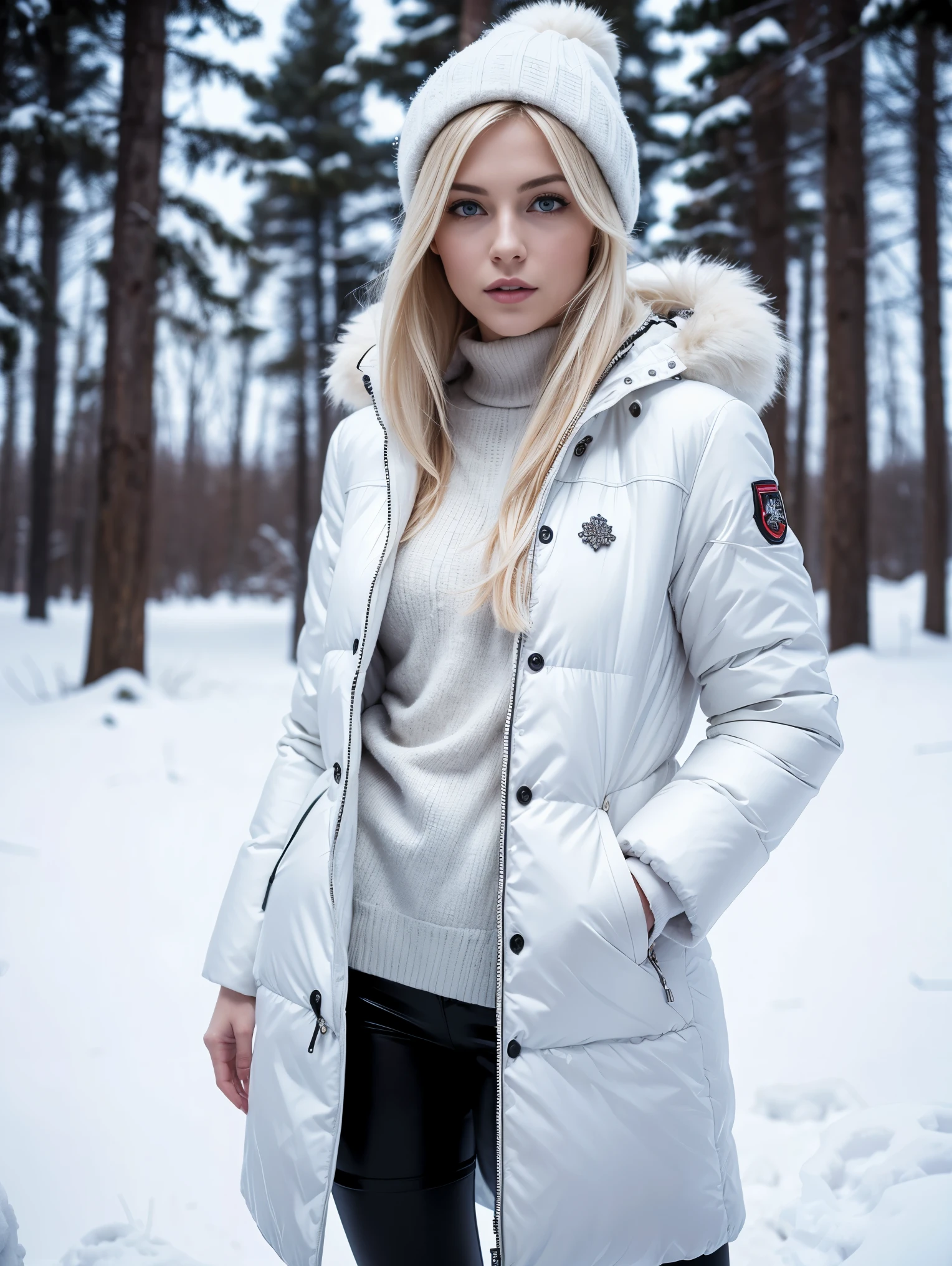 Full body shot of Elena Alfa, An ultra hot gorgeous European woman, age 23, blonde hair. she's a playmate, men magazine model. She has a subtle smile and flirts with the camera, slim body. in a white coat black shirt and black shorts posing in the snow, blonde hair. She’s wearing a white winter coat, detailed white, white russian clothes, style of julia razumova, white coat, sexy look, sexy pose, in the snow, covered in snow, cold but beautiful, beautiful blonde girl, dressed in an old white coat. Winter starry night. Northern lights.
