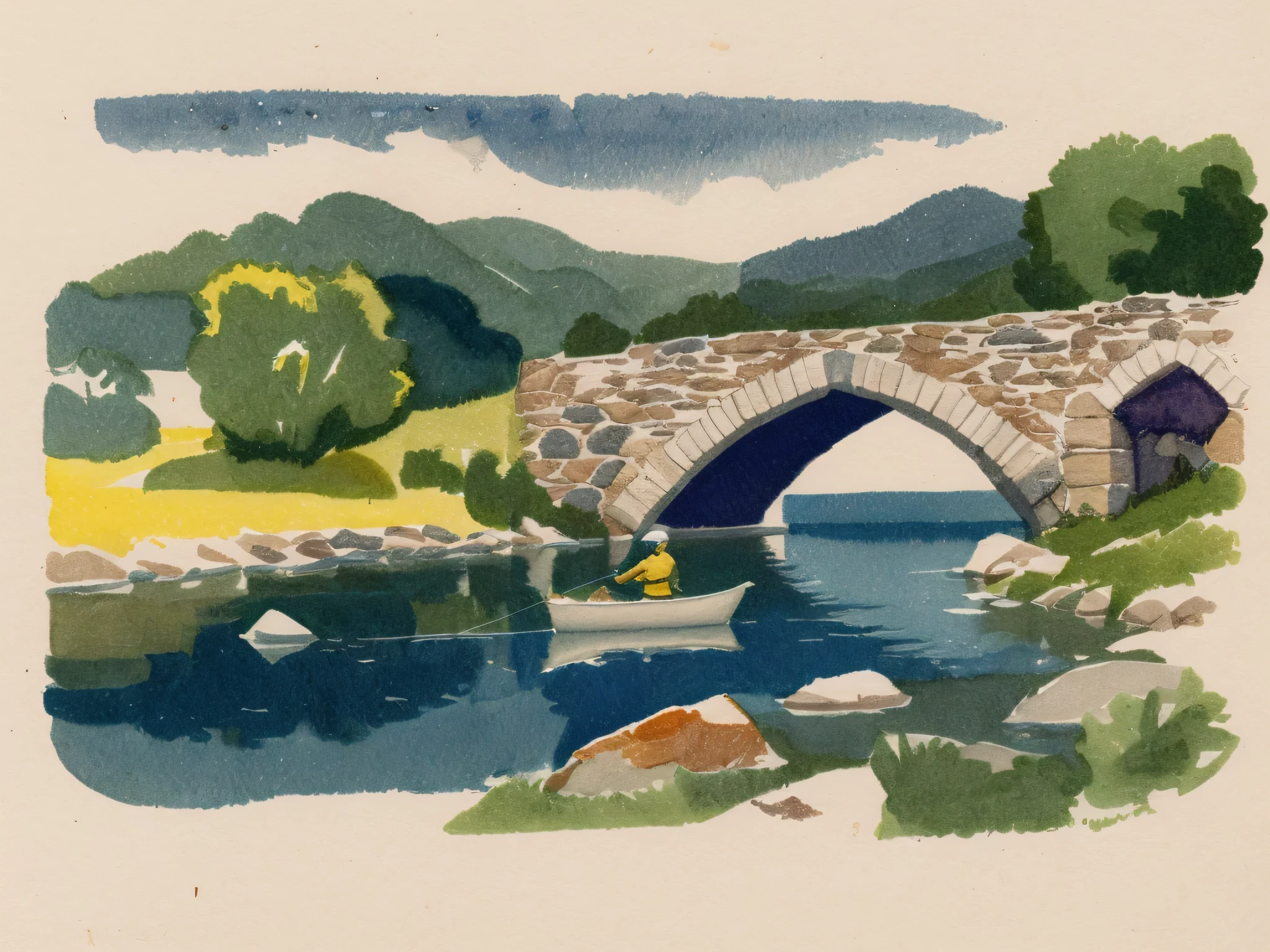 A detailed watercolor of an old man fly fishing in a river below an old stone bridge. Lovely Masterpiece, lovely composition, FML, watercolor, landscapes, nature, outdoors, art, style