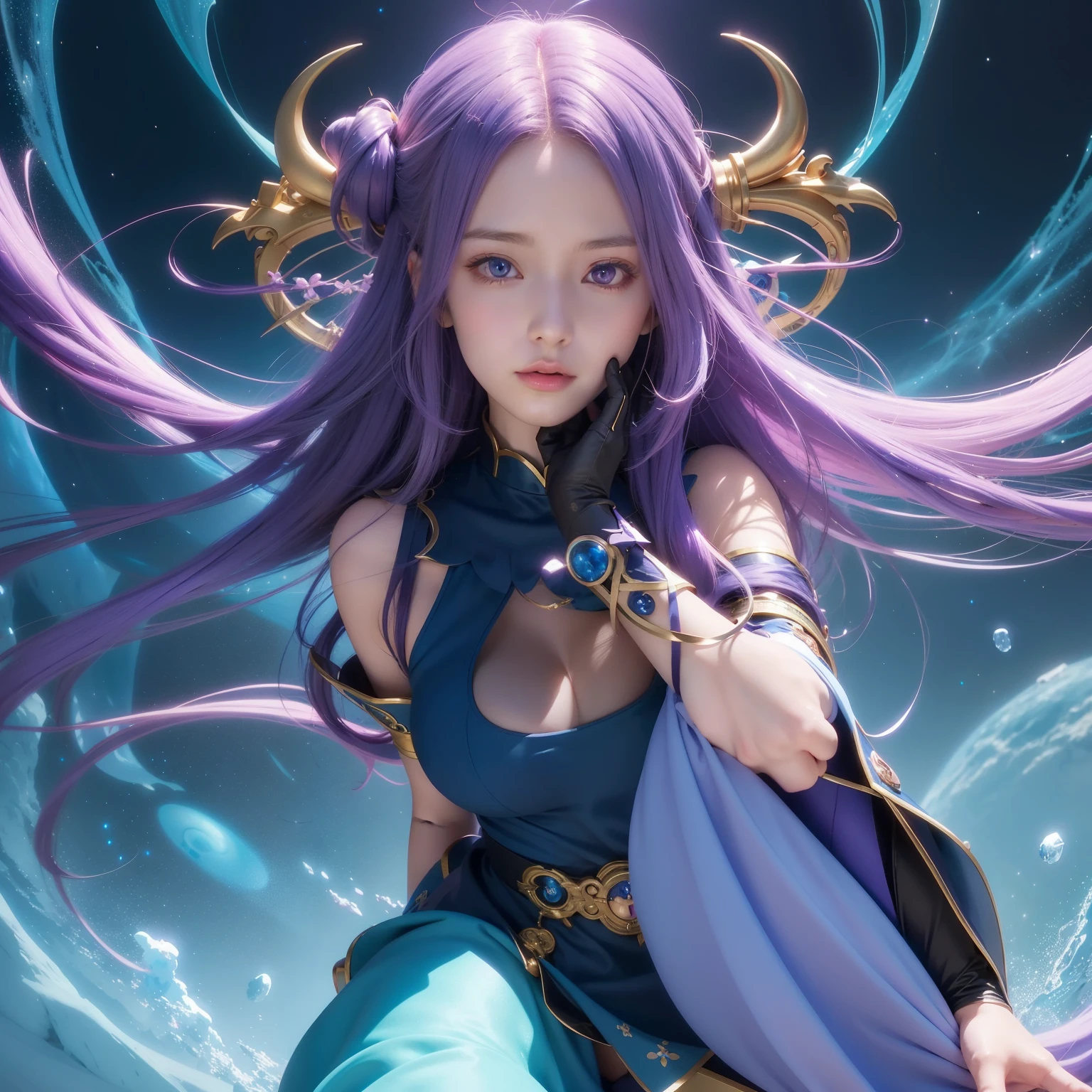 Anime girl with long purple hair and a blue dress poses for a photo, fantasy art style, trending on cgstation, anime girl with space hair, anime fantasy illustration, 2. 5d cgi anime fantasy artwork, beautiful heavenly magician, fantasy style anime, anime style. 8K, anime style 4 k, 8K high quality detailed art, beautiful digital artwork