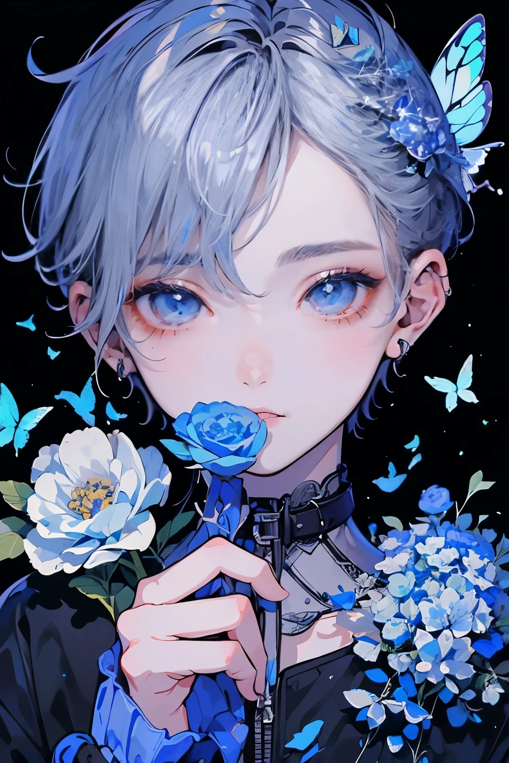 (muste piece), (best quality), very detailed, (1 boy:1.4), solo focus,perfect face, beautiful face, very detailed顔,(Gray-haired shorthair:1.3),(shining blue eyes:1.3),flower,butterfly々,flowerびら,moonlight,laughter