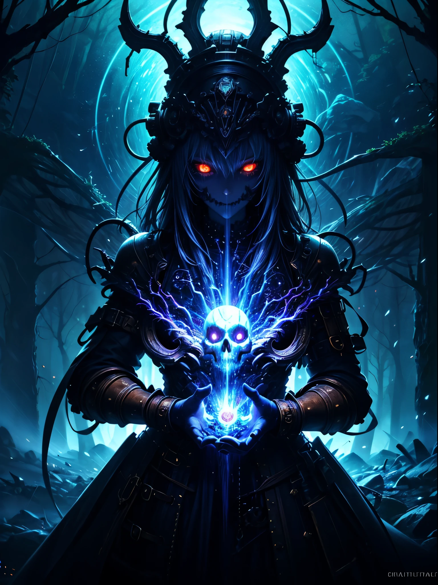 (Best picture quality, 4K, 8K, High resolution, Masterpiece: 1.2), ultra detailed, realistic: 1.37, a close-up of the head of a metal skull, an altar composed of abstract twisted roots pulling a very large (mysterious skull made of metal), glowing eyes, a spooky waterfall above the skull, (rainbow, rainbow around the skull), full of energy, circular composition illustrates the effects of various structural forces, alone, (steampunk decorative elements, gear, and other elements). Pointers, chainantastic decorative combinations,