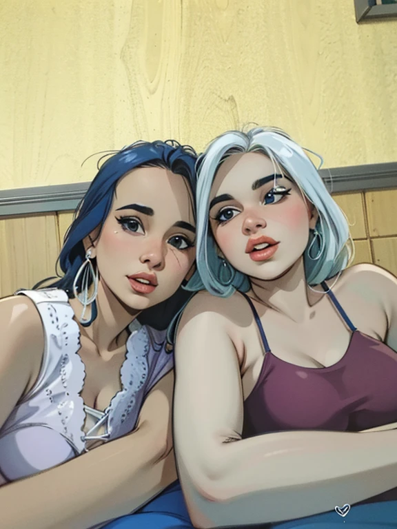 duas mulheres sentadas uma ao lado da outra em uma mesa azul, imagem de perfil, profile foto, very very low quality foto, pilar, foto realista, imagem de perfil, lorena avarez, foto, alexa 65, alexa65, 1614572159, Adriana Dxim, 3 Brazilian mother of 5 years