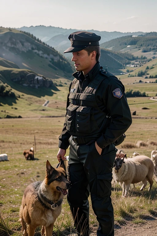 "Create an engaging illustration showcasing a German Shepherd in various roles, from herding sheep to police work and guiding."