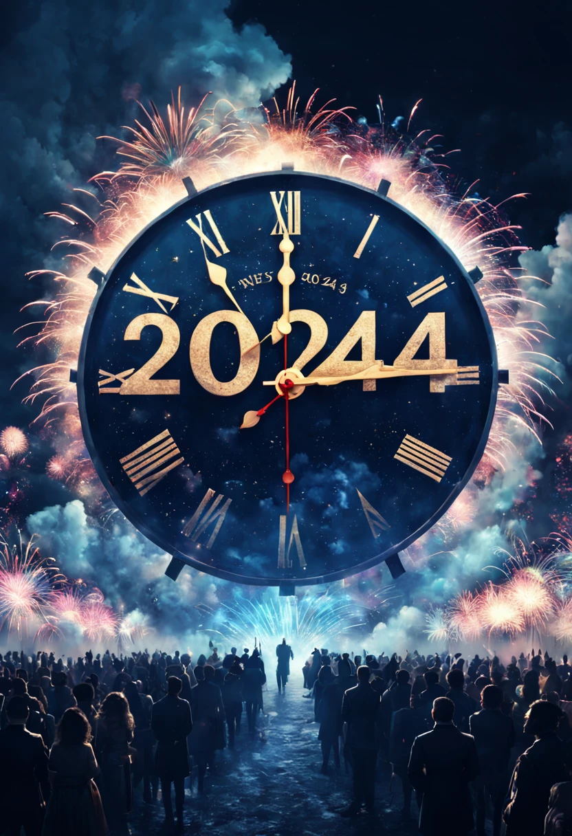 text:"2024" hyperdetailed shot of an imaginary fantasy shining text 2024 written in the clouds! new years eve party crowd! countdown! clock! Fireworks! luminescence, glowing particles, luminosity, 16k clean resolution, dramatic triadic lighting, Epic cinematic brilliant stunning intricate meticulously detailed dramatic_atmospheric_hypermaximalist by Ross_Tran, Loish, Hokusai, Andreas_Lie, Android_Jones