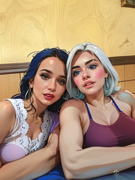 Two conjoined women, Queen playing card conjoinment and looking at each other, Black and white T-shirt,a skirt,Bracelet,black hair ornament,Silver blue hair,Blushlush,Semi-closed Eyes,Glowing blue eyes,Black hat,cat ear,Earphone,portraitures,Long flowing hair,Bangs and eyes,eye glass