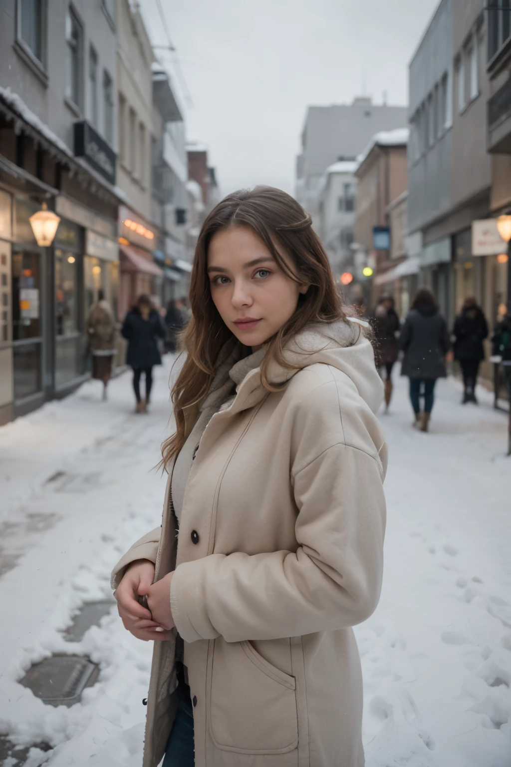 Professional portrait photo of a beautiful Norwegian girl in winter clothes with long wavy blond hair, sultry flirtatious look, Beautiful symmetrical face, cute natural makeup, elegante, warme Wintermodekleidung tragen, ((Standing outside in the snowy city street)), Atemberaubendes modernes urbanes Umfeld, ultra realistisch, Konzeptzeichnung, elegant, Highly detailed, kompliziert, Scharfer Fokus, Depth of field, f/1. 8, 85mm, Mittlerer Schuss, Mittlerer Schuss, (((Professionell farblich abgestuft))), helles, weiches, diffuses Licht, (Volumetrischer Nebel), Auf Instagram im Trend, HDR 4K, 8K